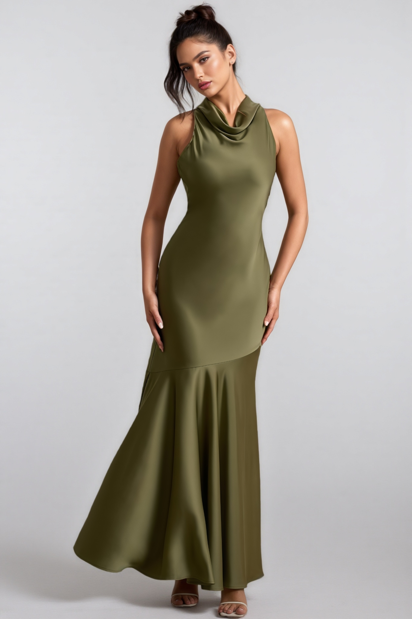 Elaray Green Satin Cowl-Neck Maxi Dress