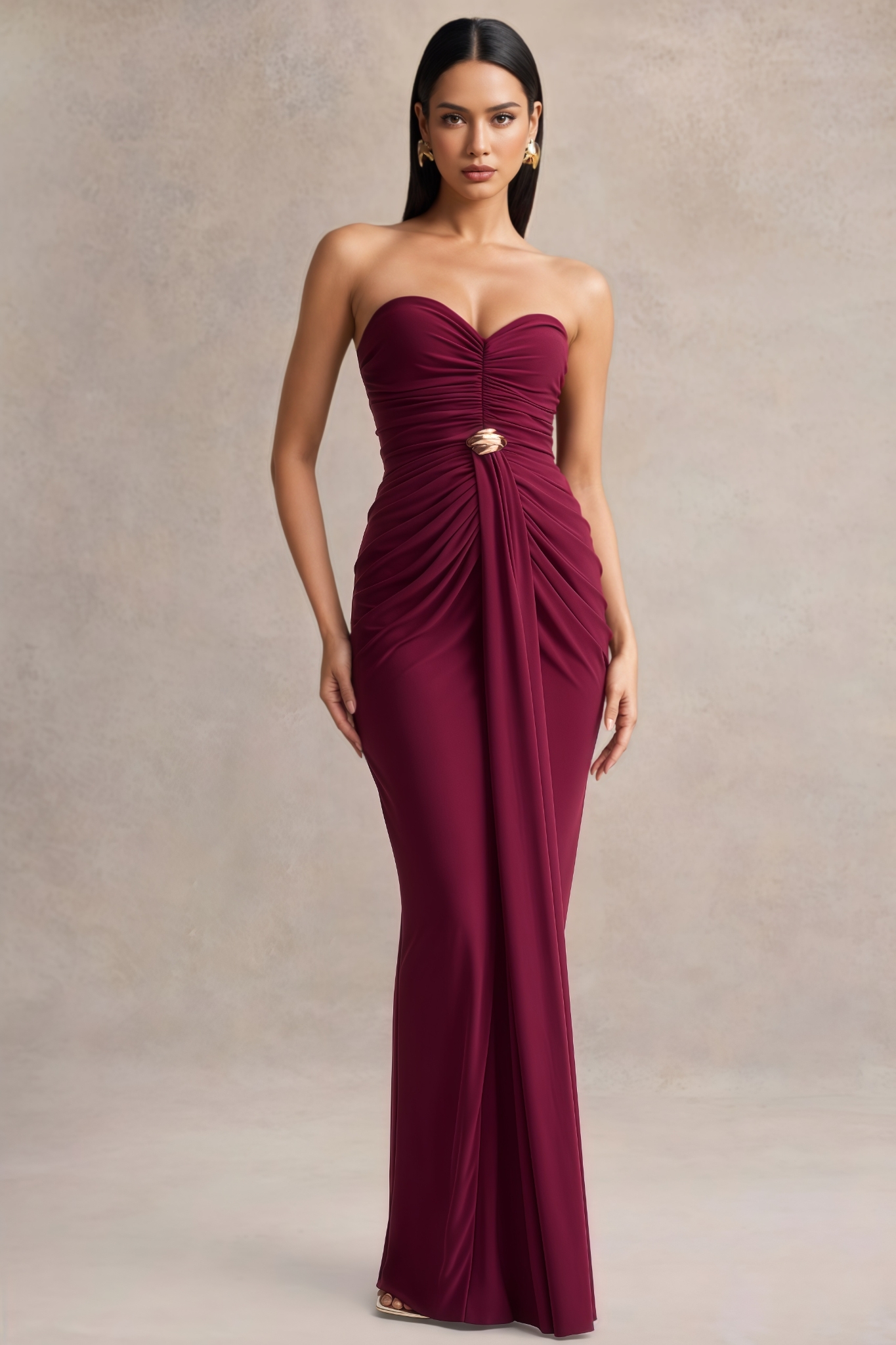 Hornisan Red Off Shoulder Pleated Maxi Dress