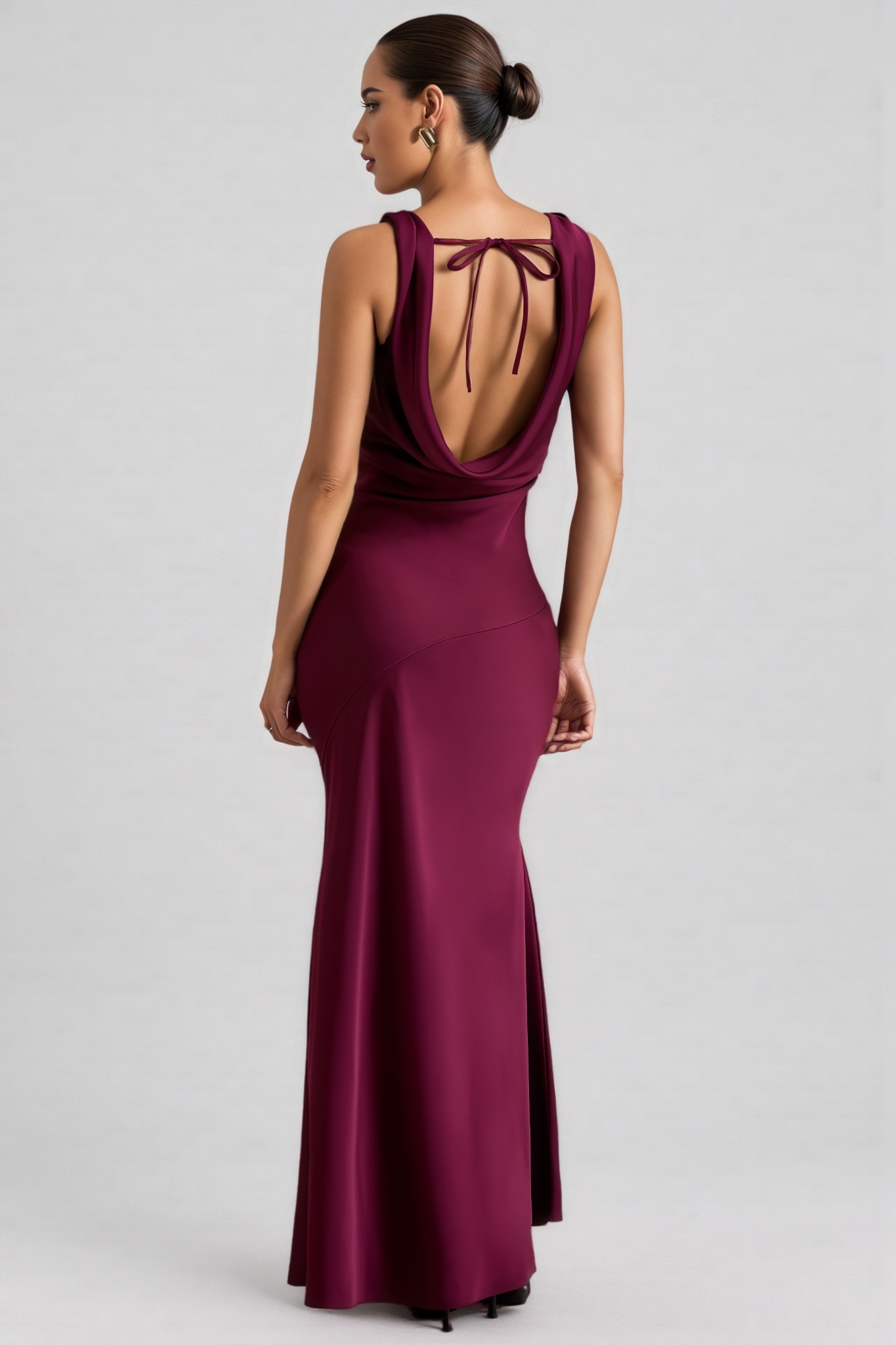 Yararl Burgundy Satin Cowl-Neck Maxi Dress