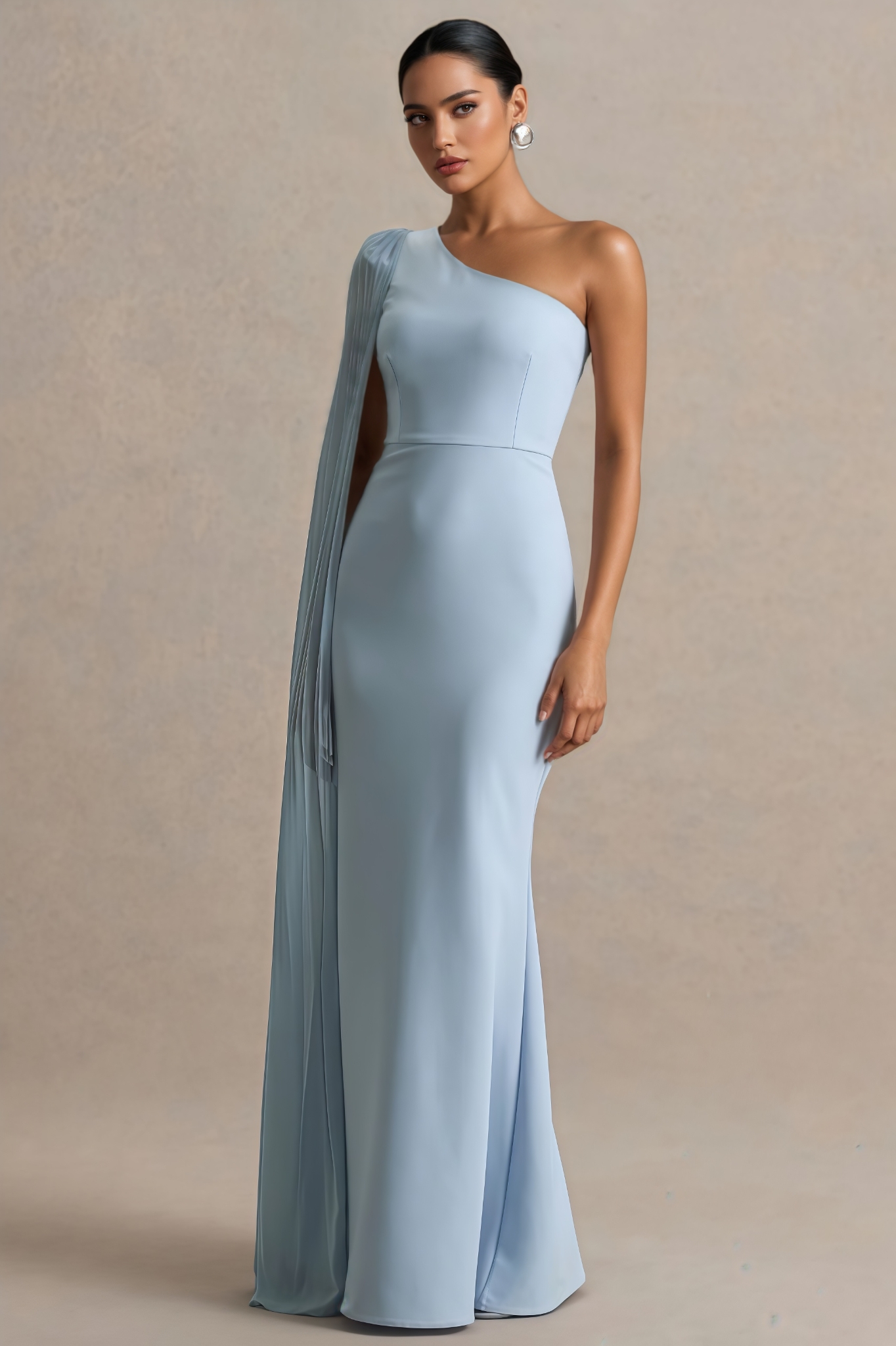 Bronek Blue Cape Sleeve Asymmetric Neck Maxi Dress