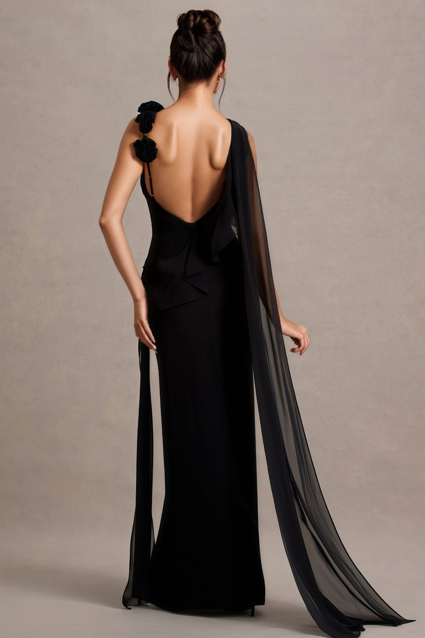 Anna Black Chiffon Draped Split Maxi Dress