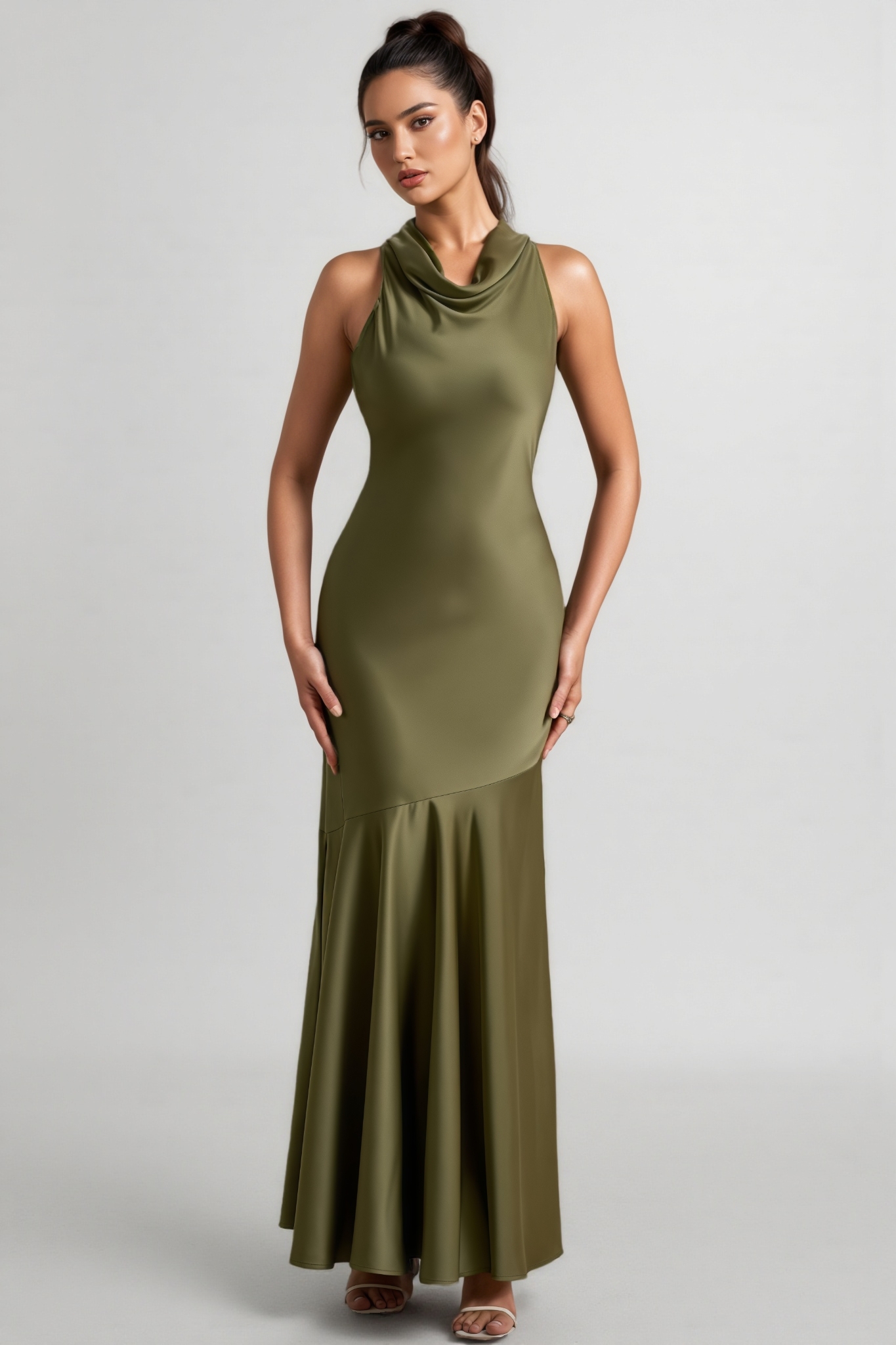 Elaray Green Satin Cowl-Neck Maxi Dress
