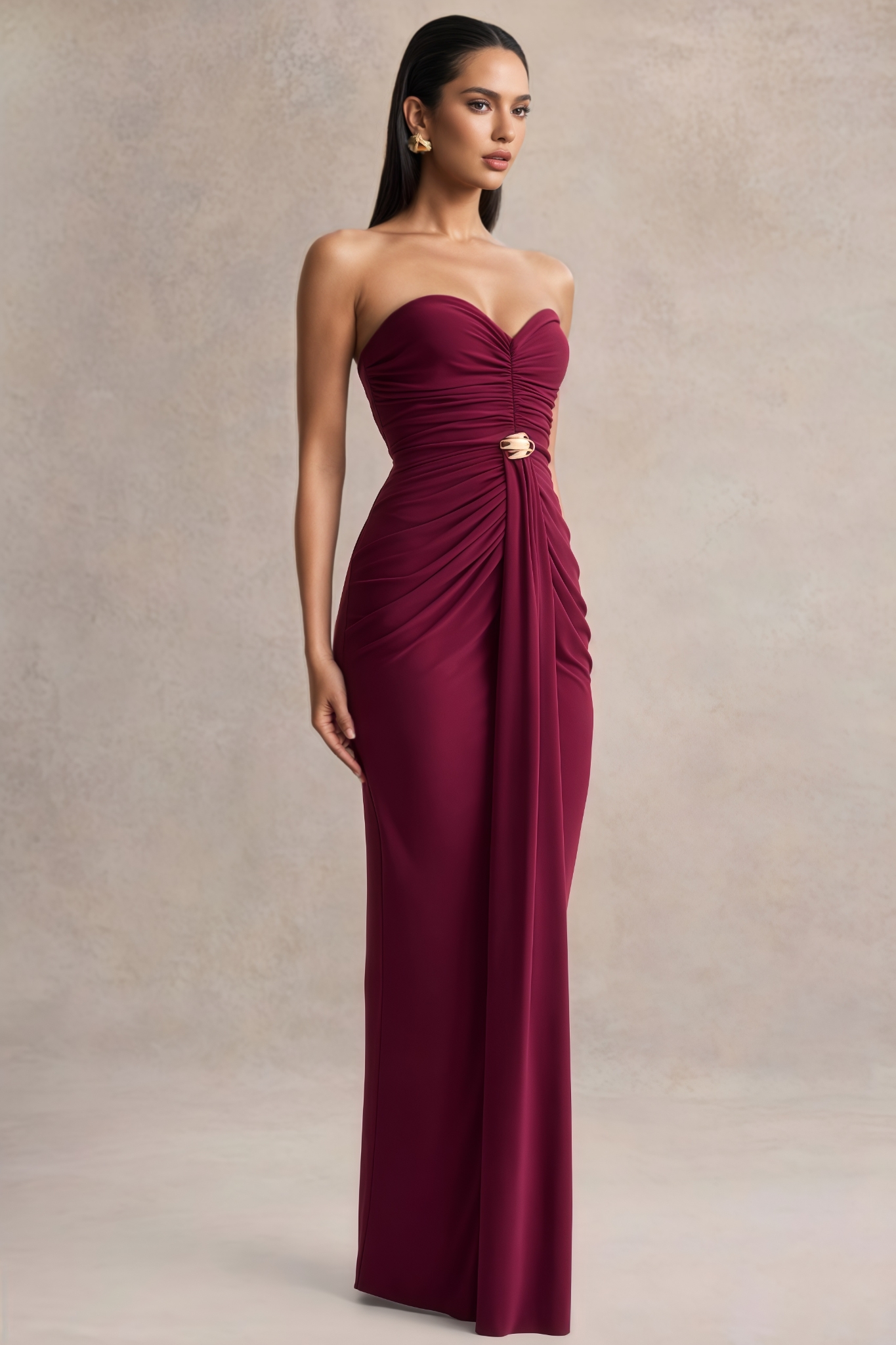 Hornisan Red Off Shoulder Pleated Maxi Dress