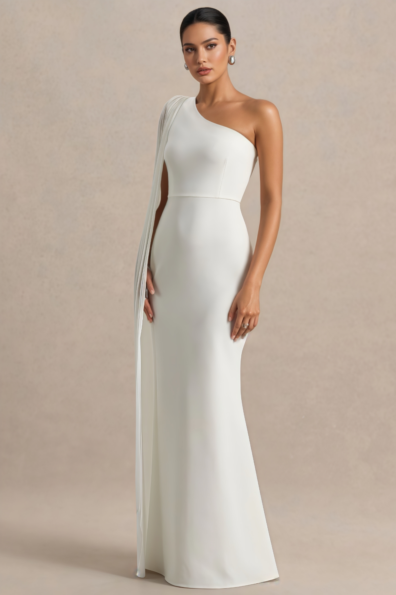 Ceyrat White Cape Sleeve Asymmetric Neck Maxi Dress