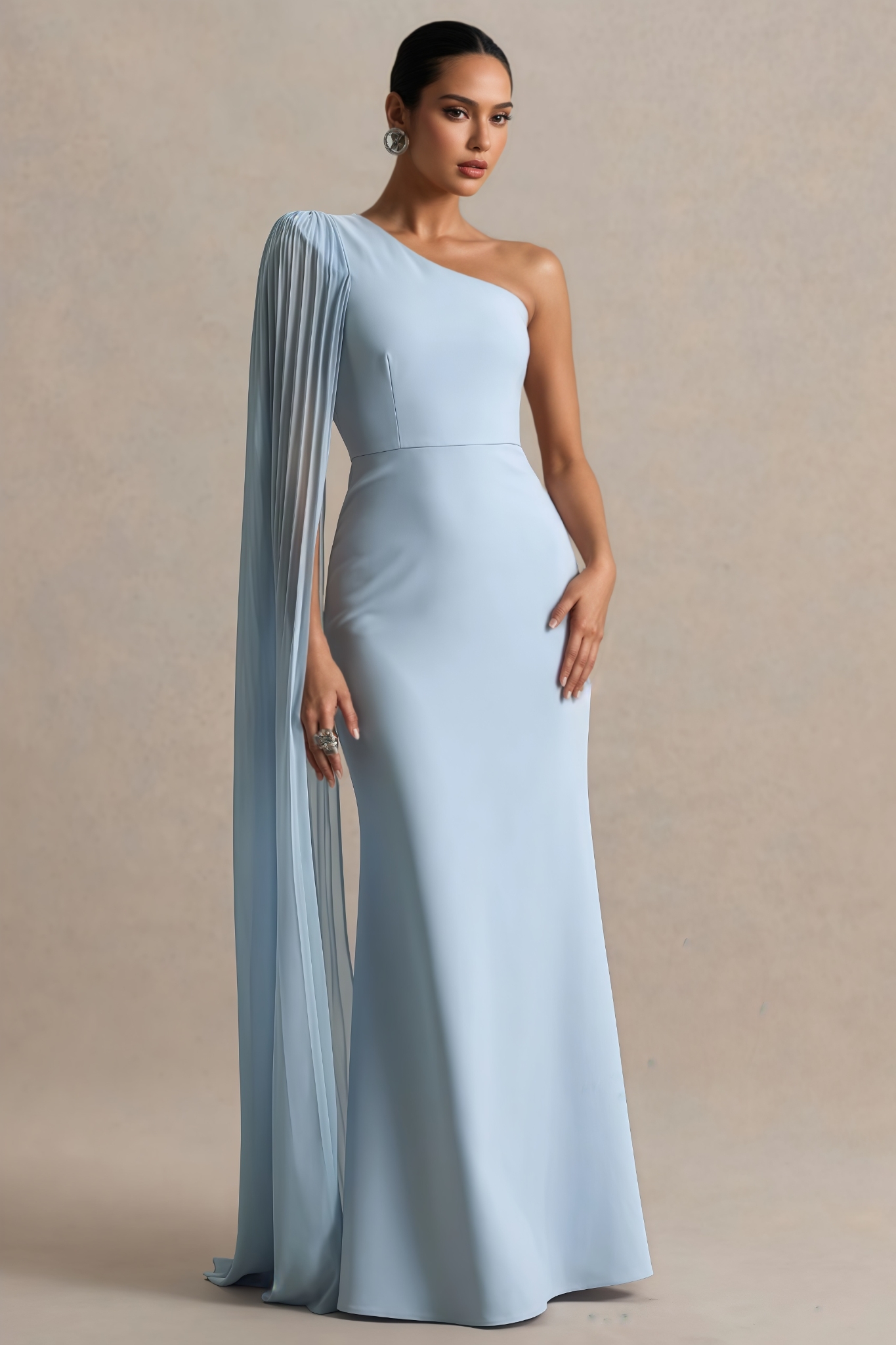 Bronek Blue Cape Sleeve Asymmetric Neck Maxi Dress
