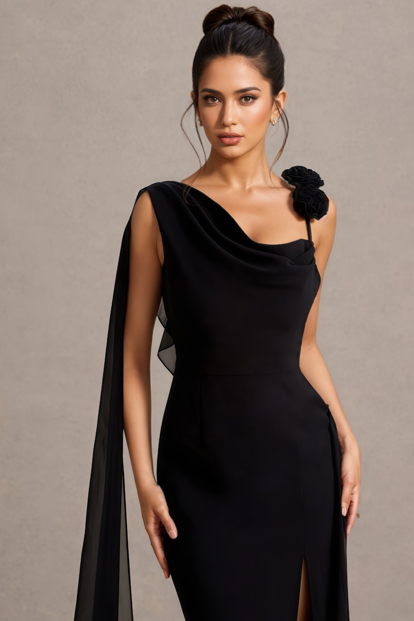Anna Black Chiffon Draped Split Maxi Dress