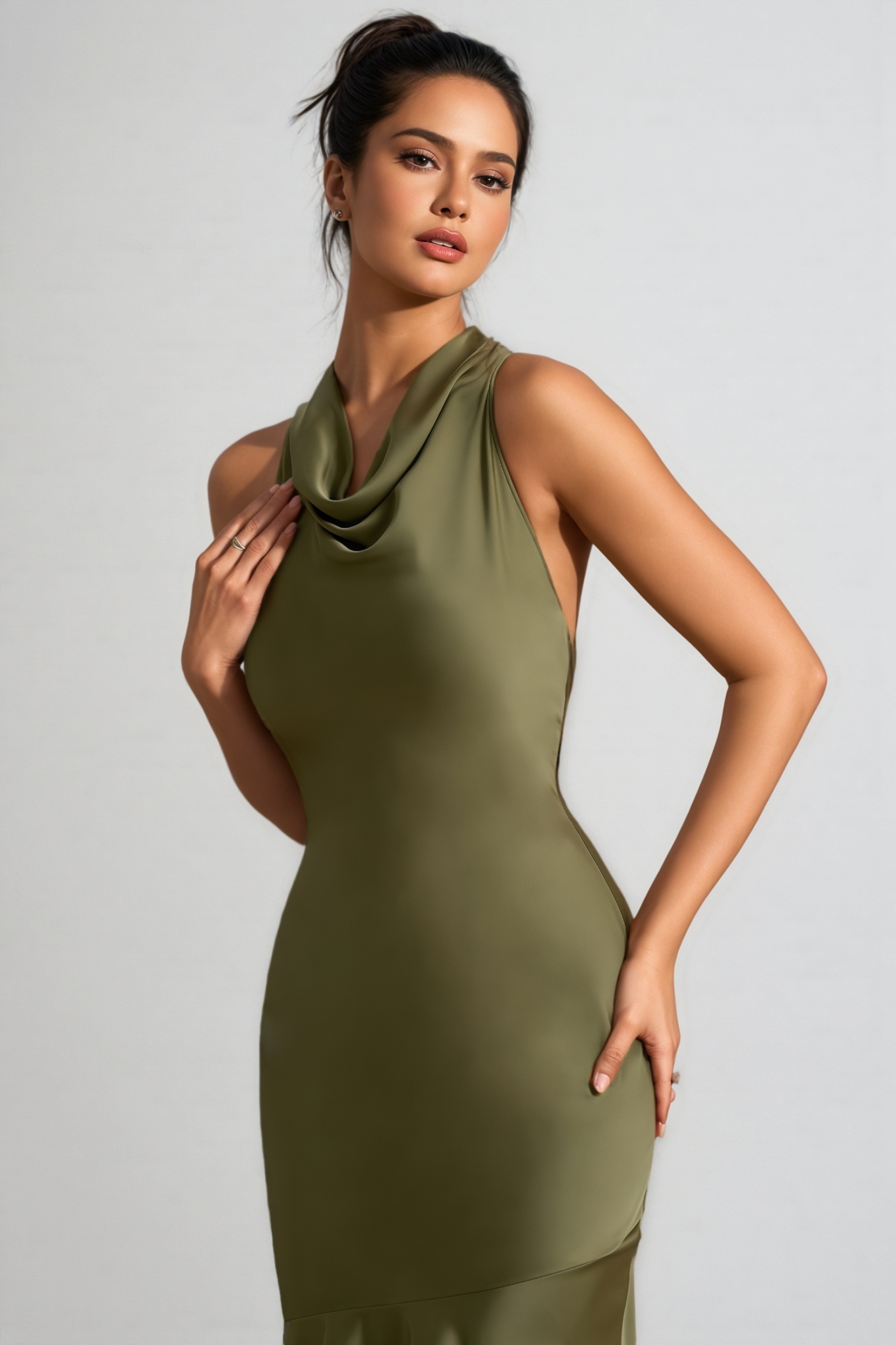 Elaray Green Satin Cowl-Neck Maxi Dress