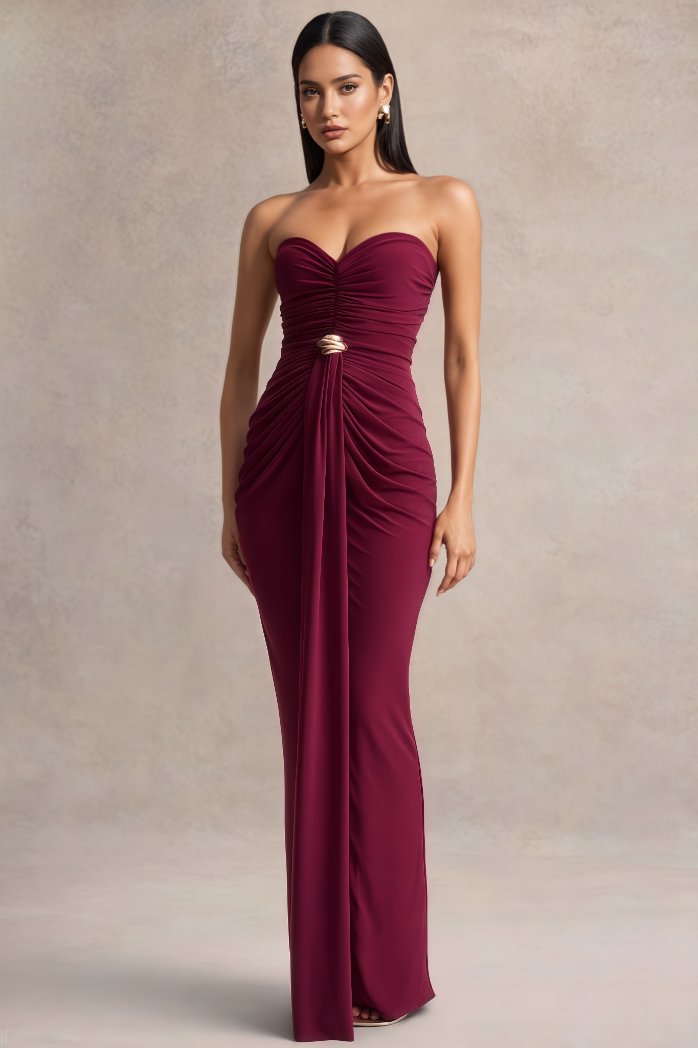 Hornisan Red Off Shoulder Pleated Maxi Dress