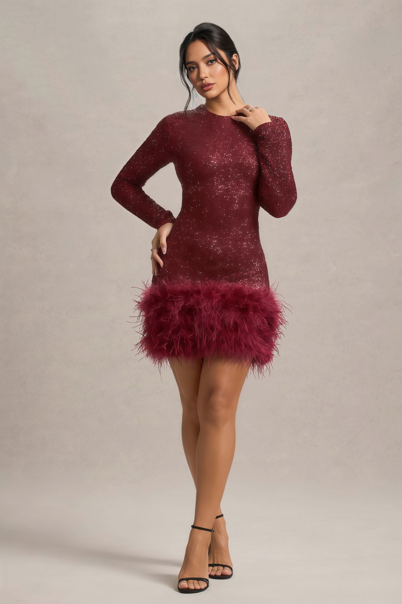 Kuka Red Sequin Feather Mini Dress 