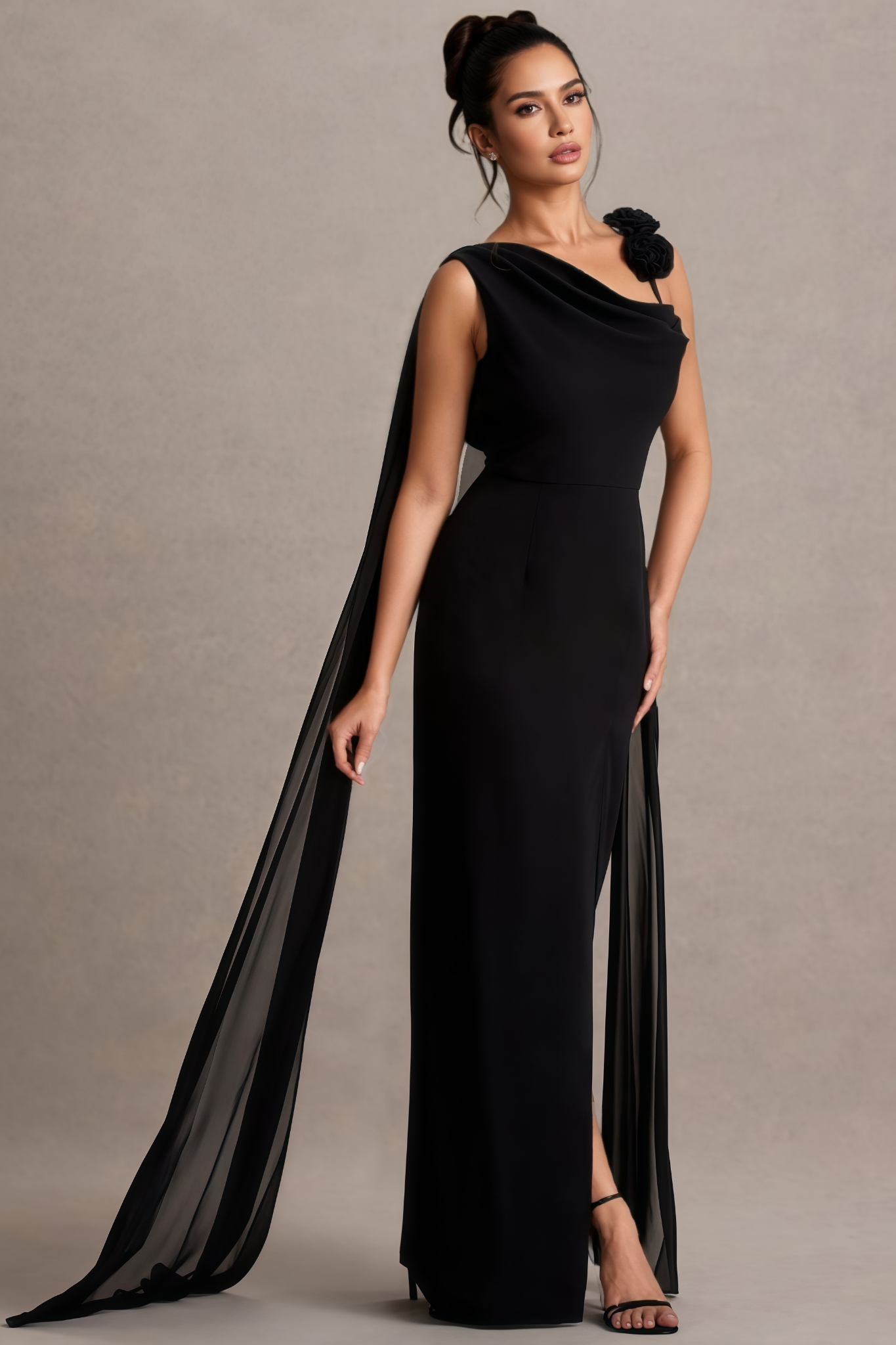 Anna Black Chiffon Draped Split Maxi Dress