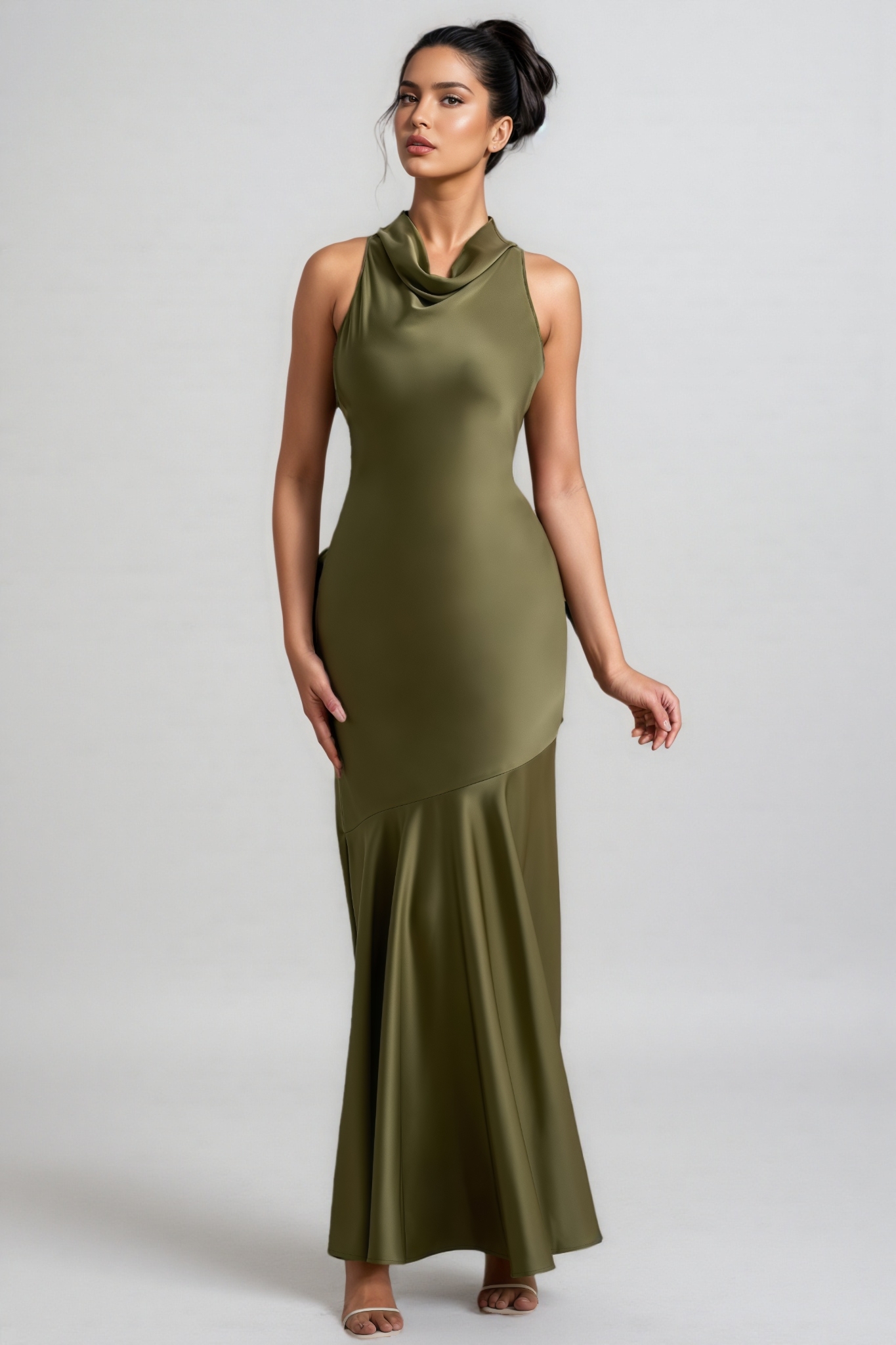 Elaray Green Satin Cowl-Neck Maxi Dress