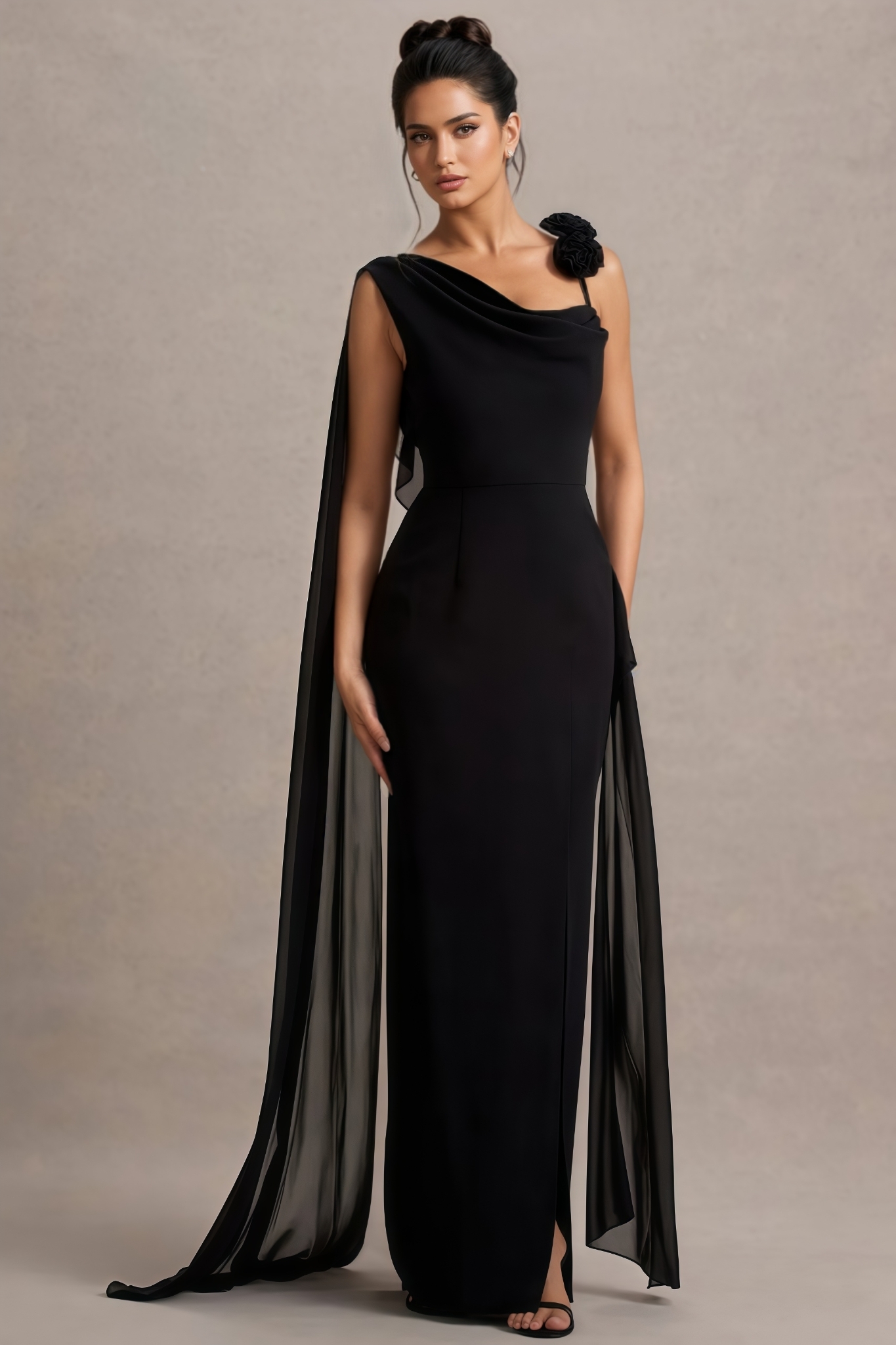 Anna Black Chiffon Draped Split Maxi Dress
