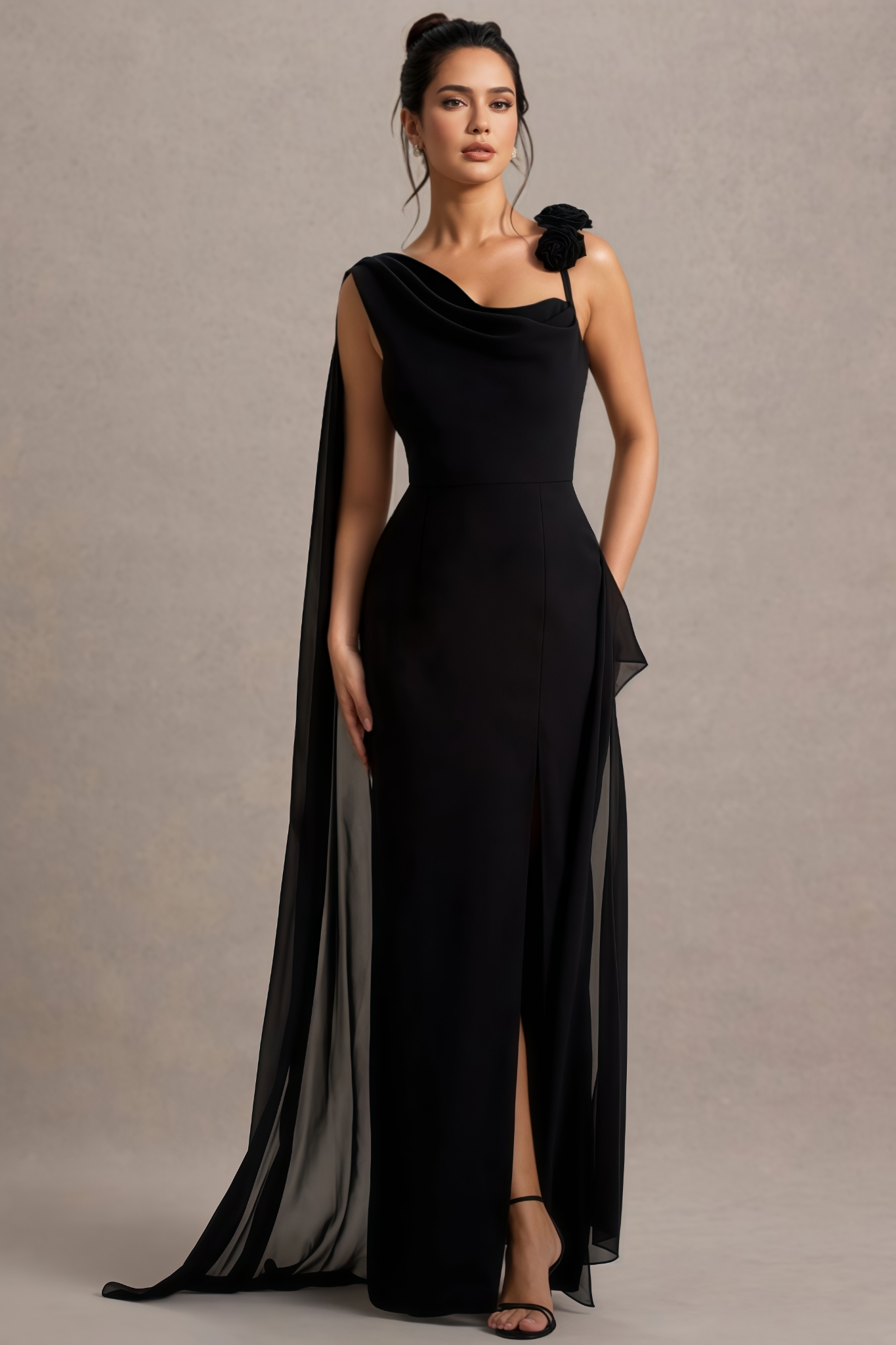 Anna Black Chiffon Draped Split Maxi Dress