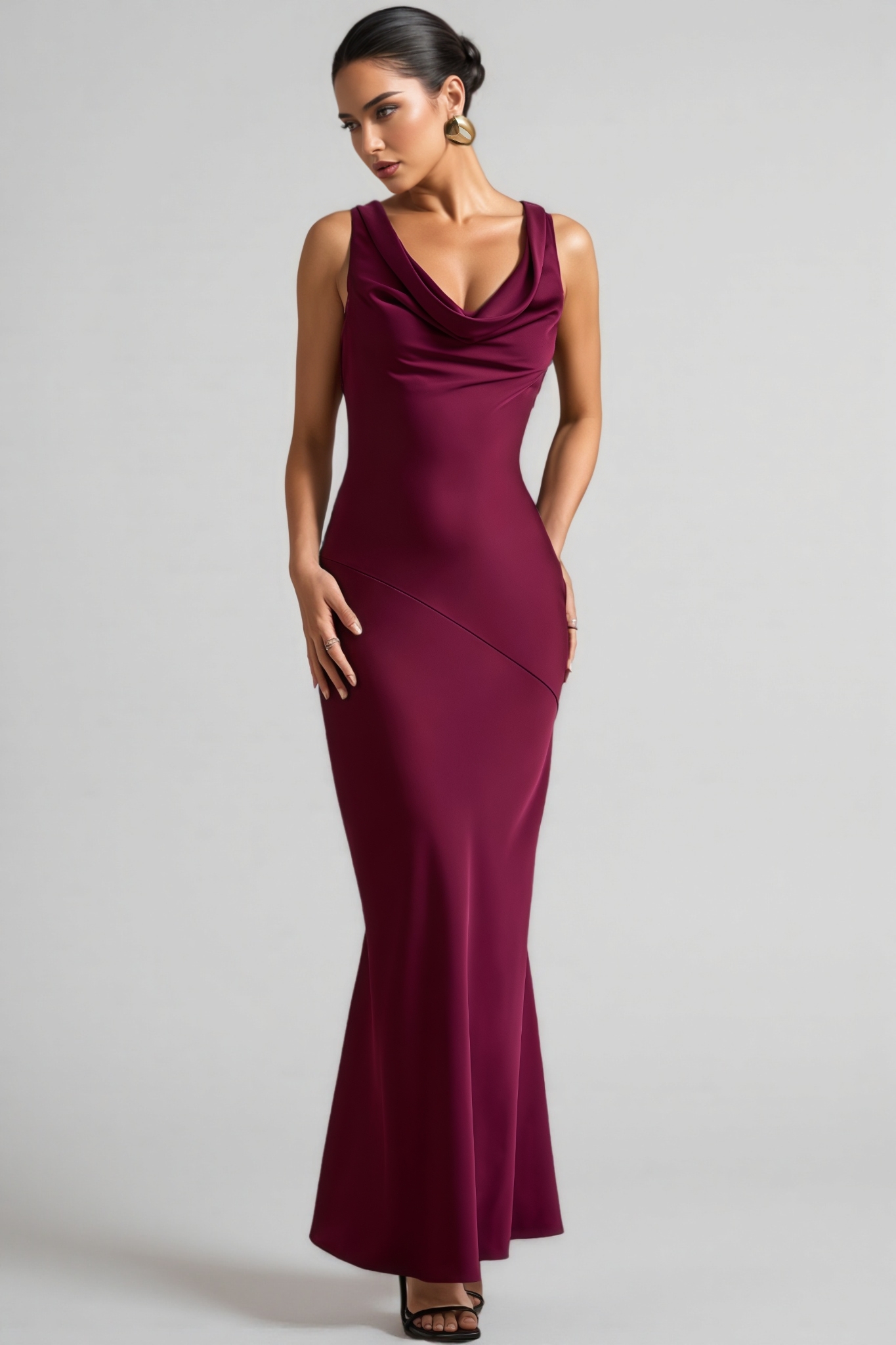 Yararl Burgundy Satin Cowl-Neck Maxi Dress