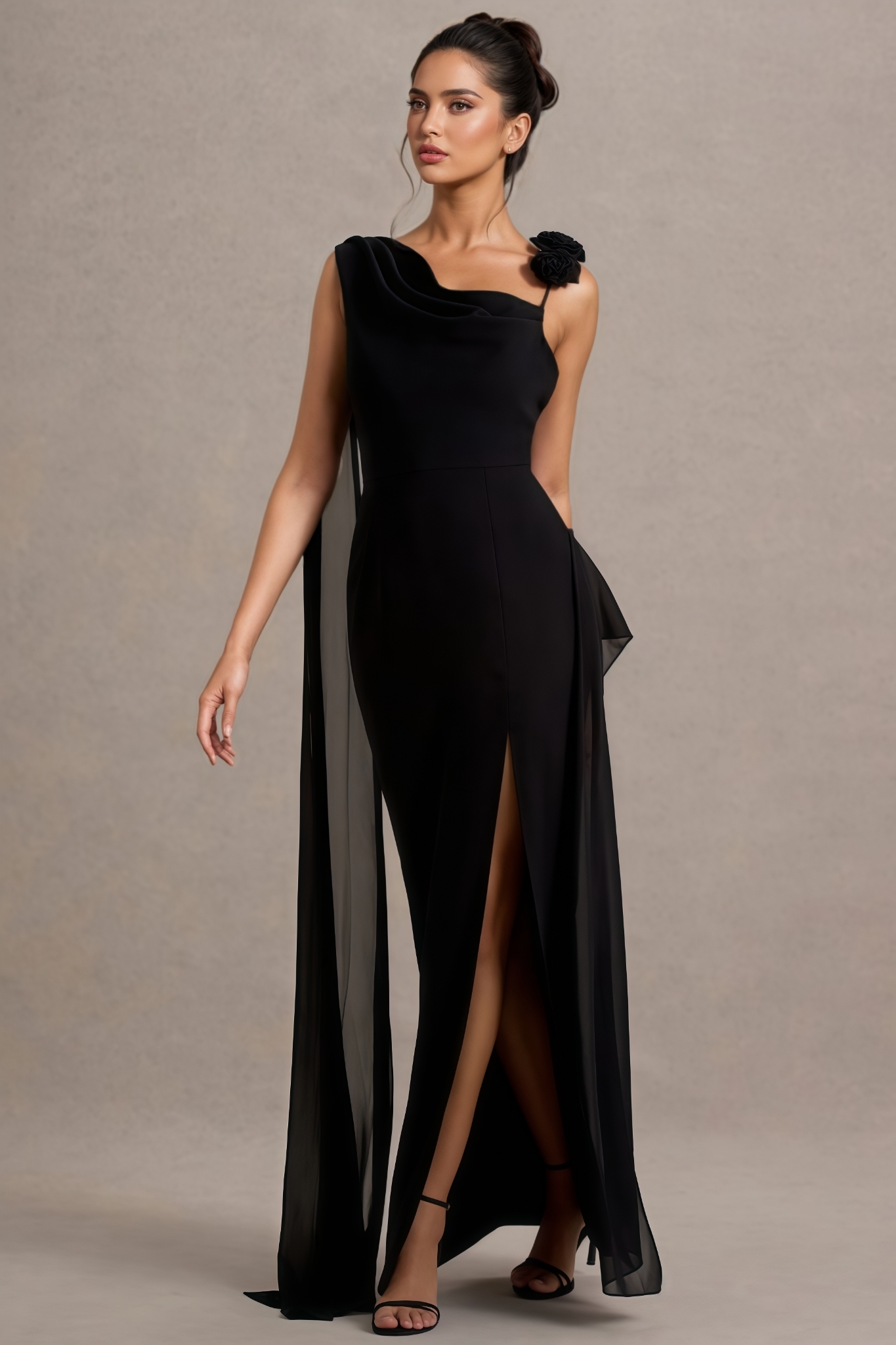 Anna Black Chiffon Draped Split Maxi Dress