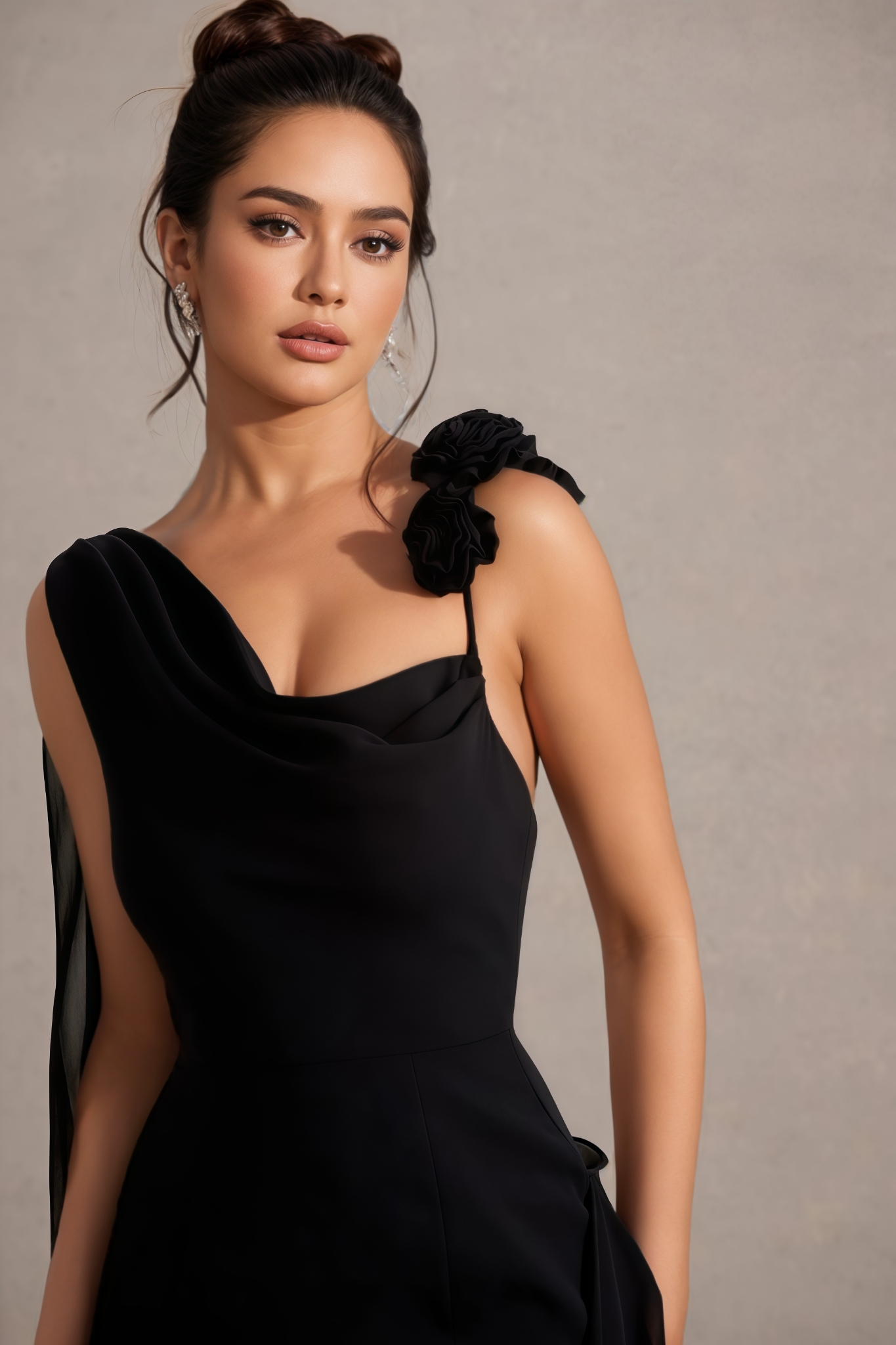Anna Black Chiffon Draped Split Maxi Dress