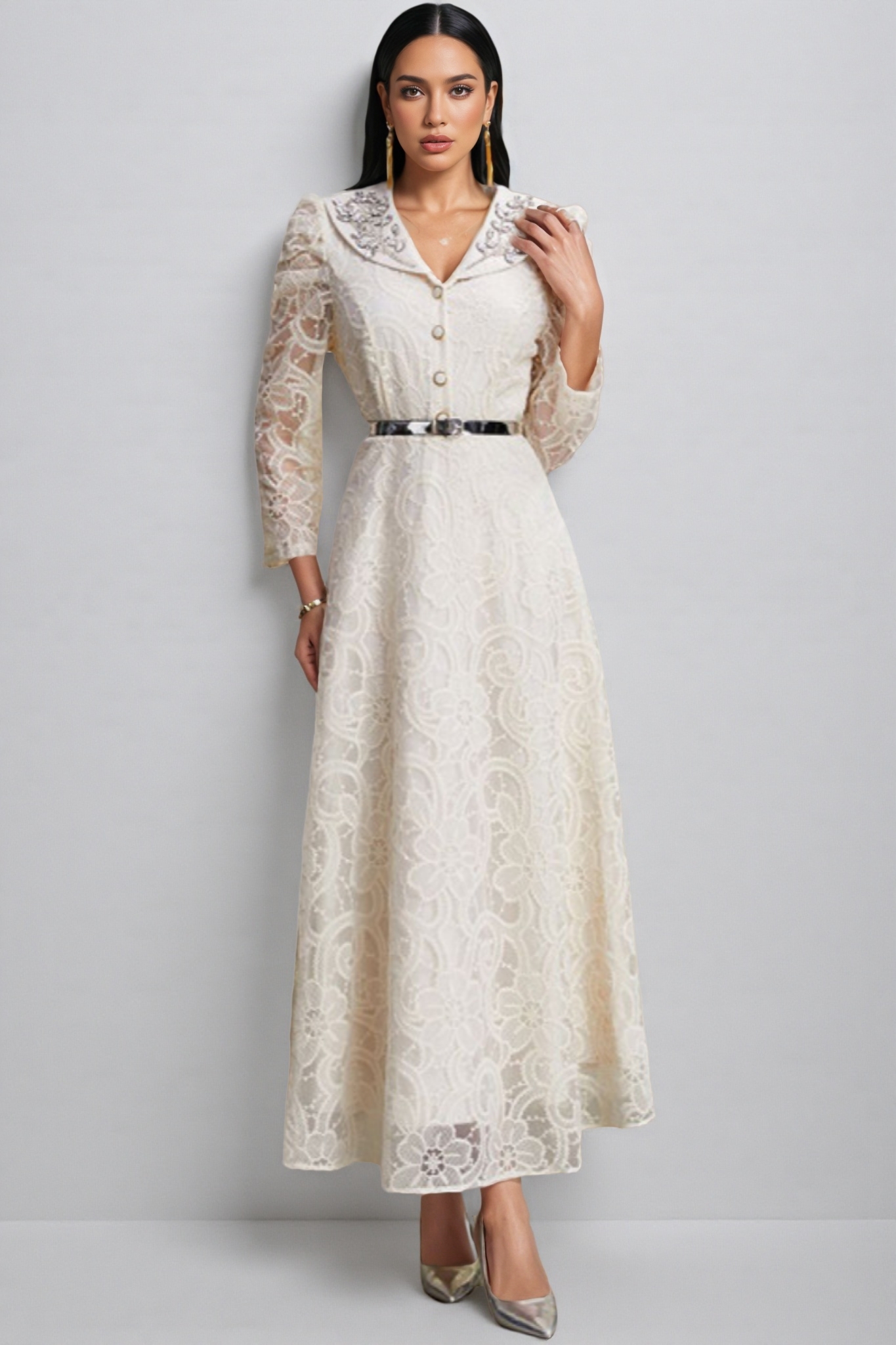 Sareza Long Sleeves Lace Diamond Maxi Dress