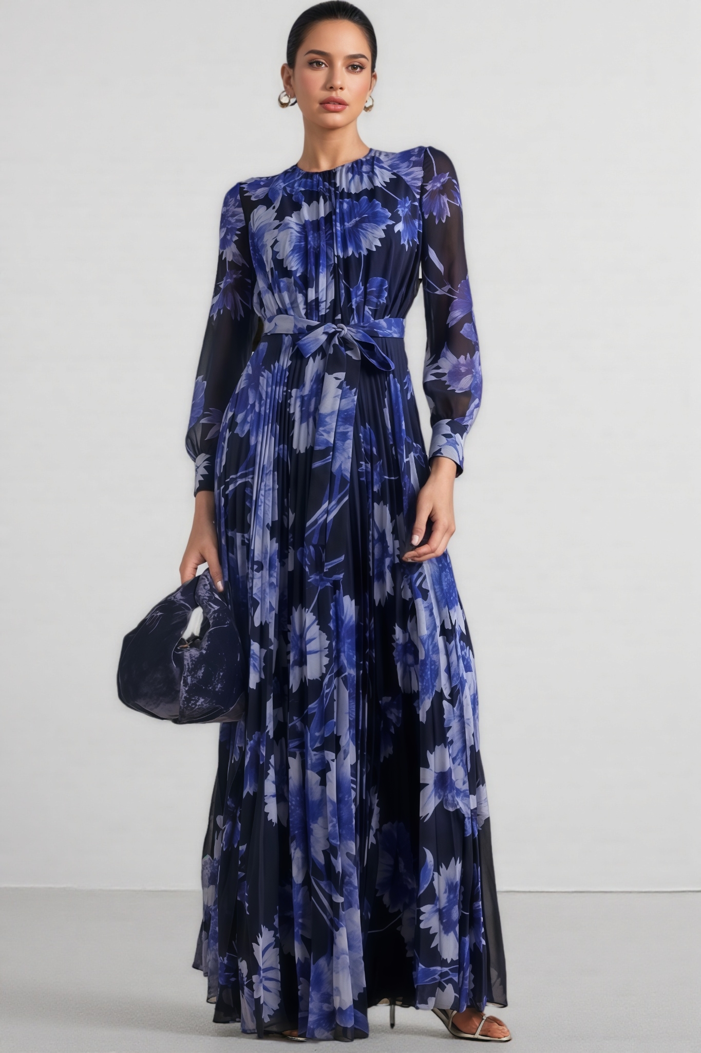 Suki Blue Floral Pleated Maxi Dress