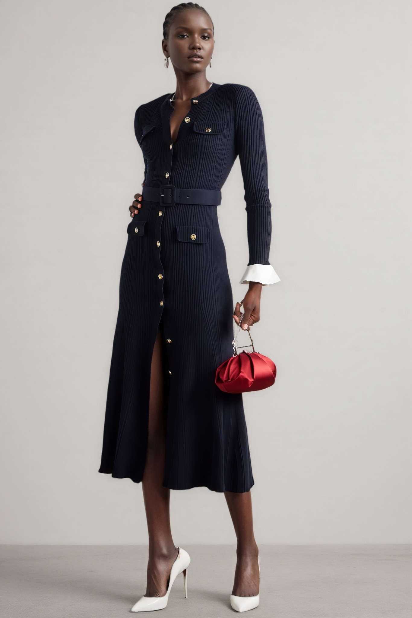 Nader Blue Long Sleeve Crew Neck Knit Midi Dress
