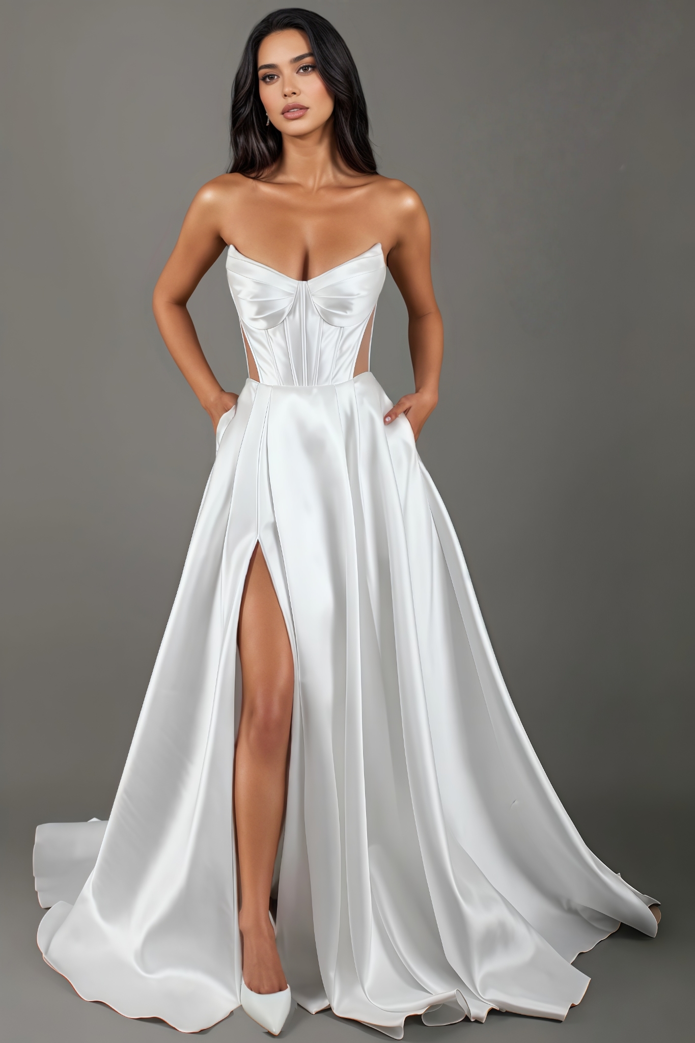White Satin Strapless Maxi Dress