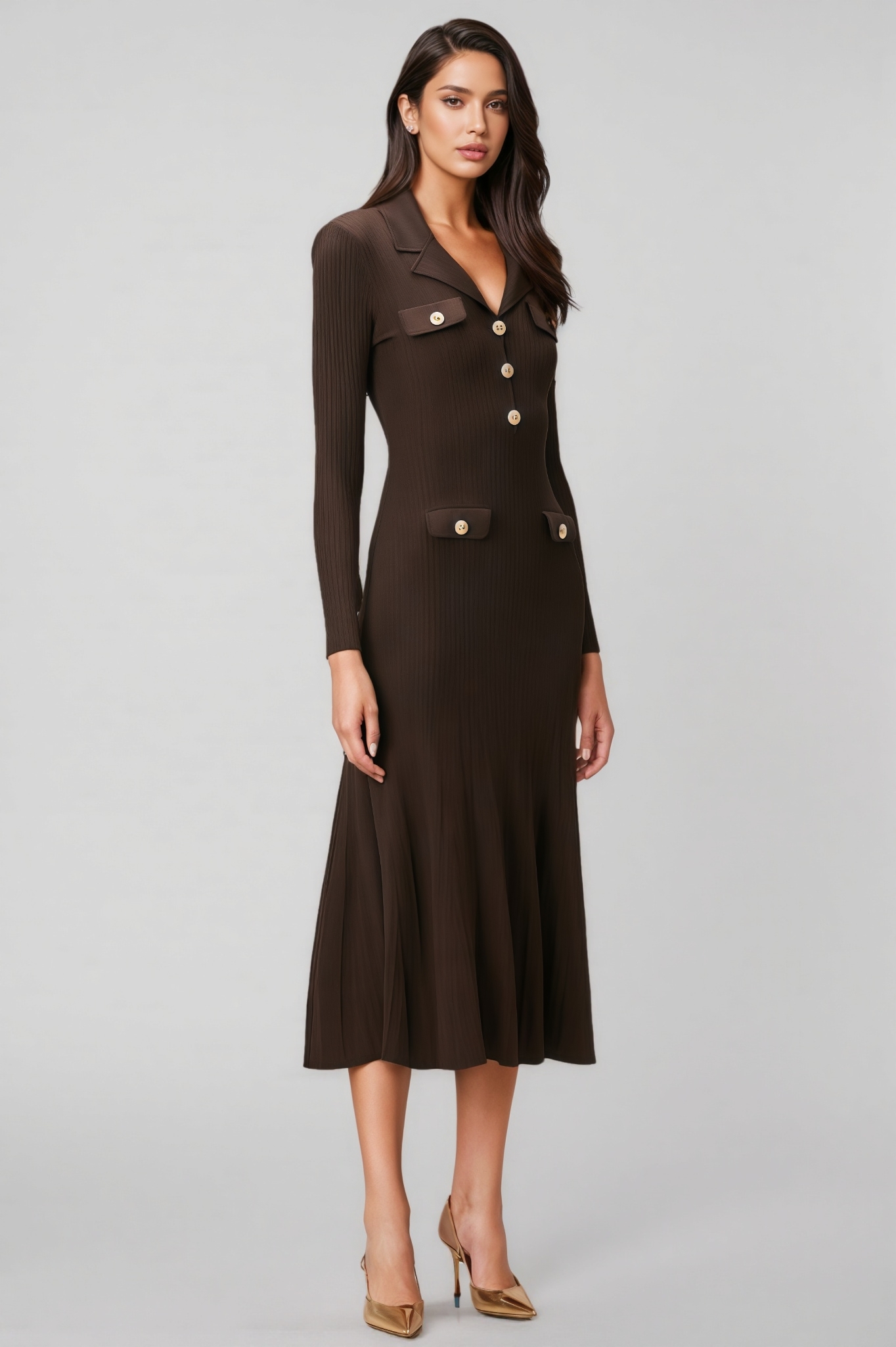 Kahlani Brown Long Sleeve Knit Midi Dress