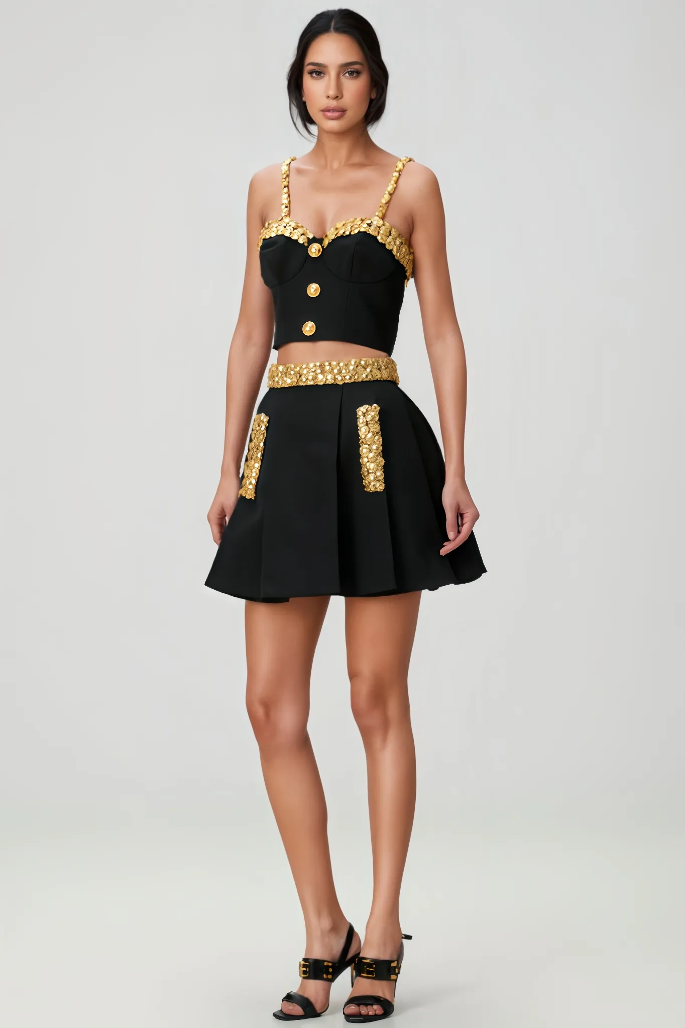 Fiorasd Gold Button Embellished Mini Dress Set