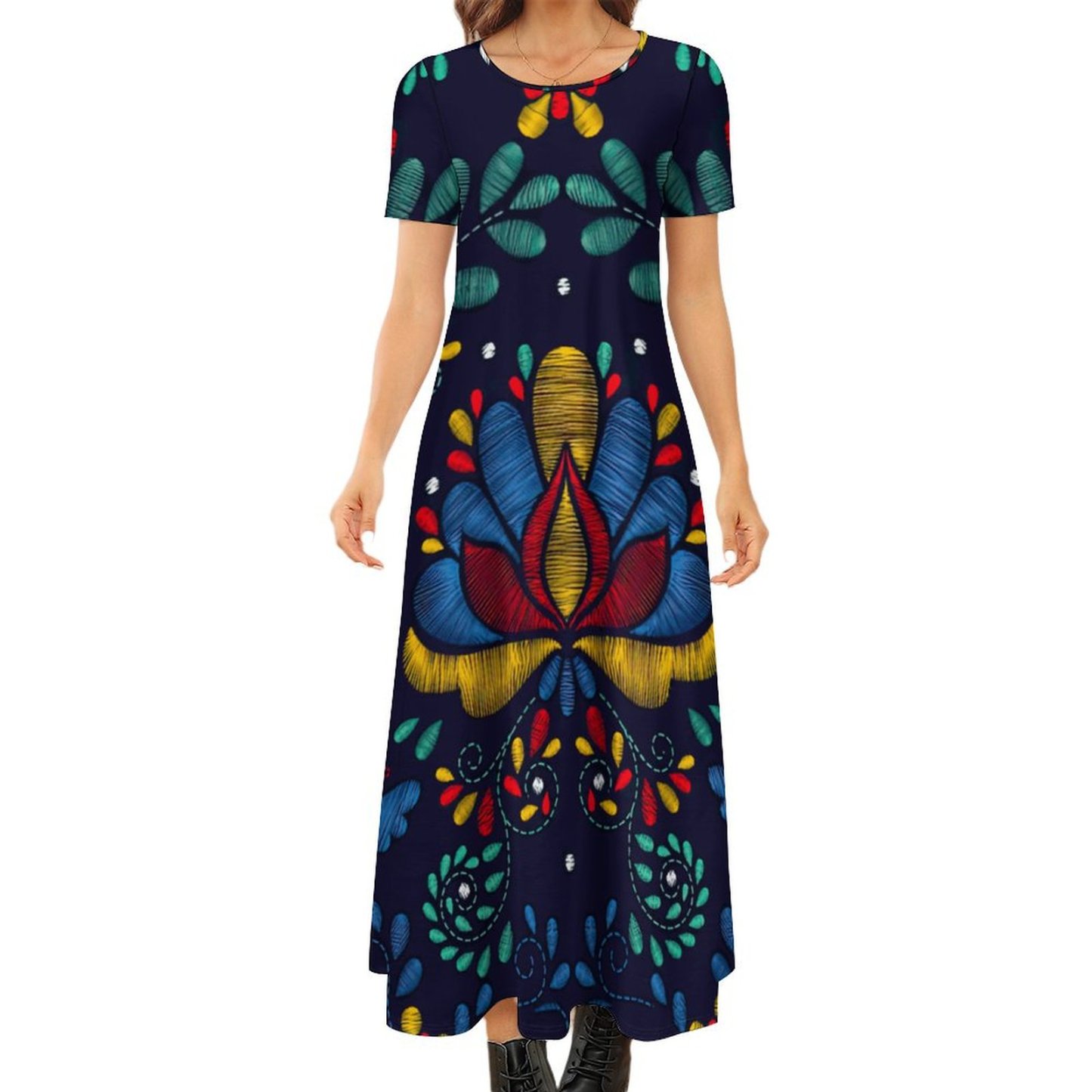 Mexican Traditional Embroidery Women Casual Short Sleeve Loose Plain Maxi Dresses Summer Boho Beach Long Maxi Tunic Dresses