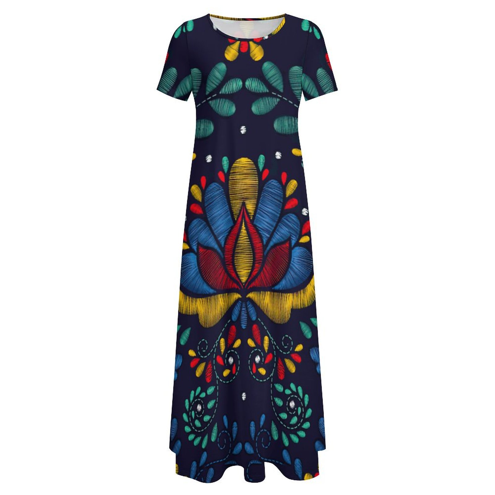 Mexican Traditional Embroidery Women Casual Short Sleeve Loose Plain Maxi Dresses Summer Boho Beach Long Maxi Tunic Dresses