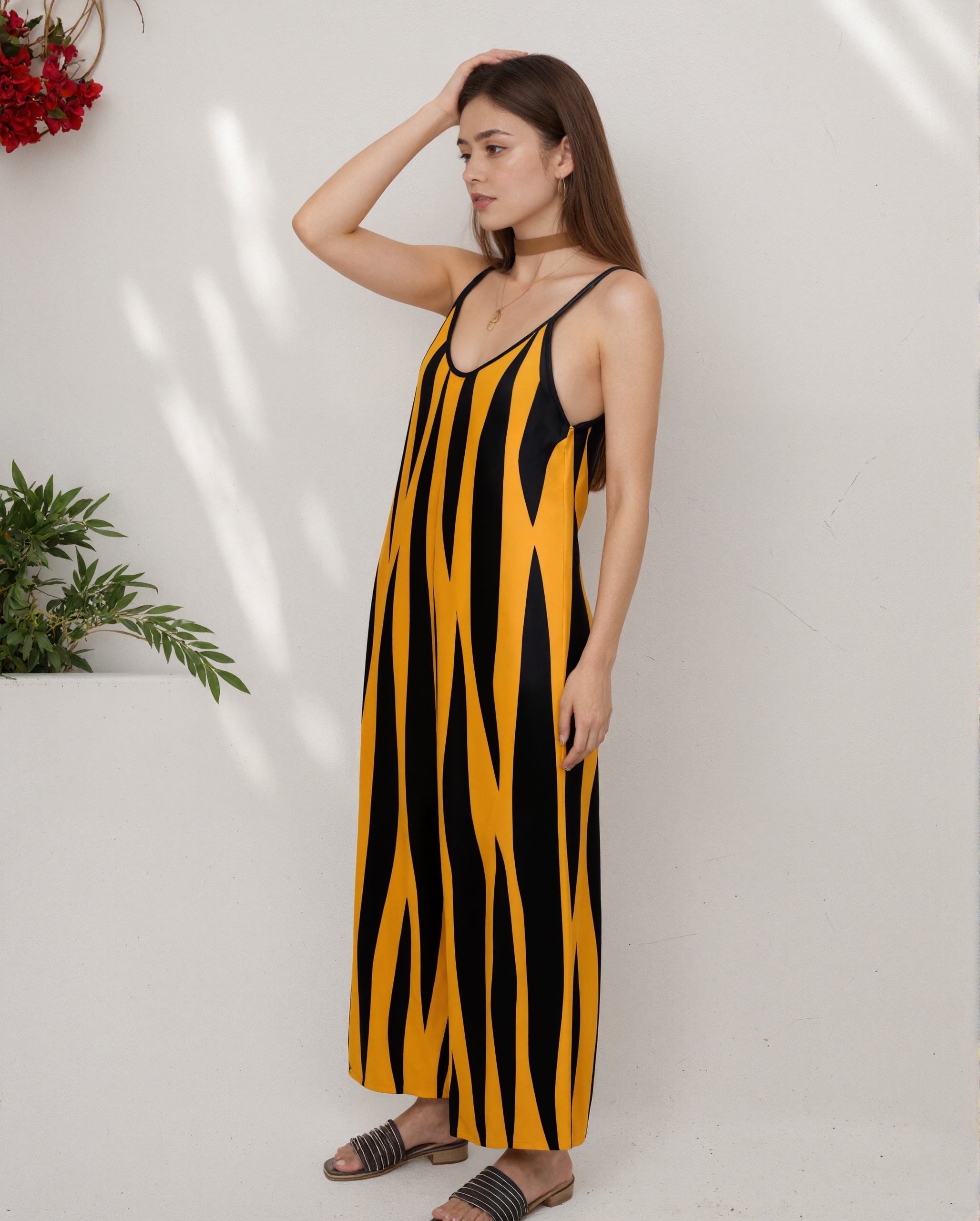 Summer Bohemia Orange Tiger Stripes Sleeveless Spaghetti Strap Tube Jumpsuits Women Long Wide Leg Romper Pant