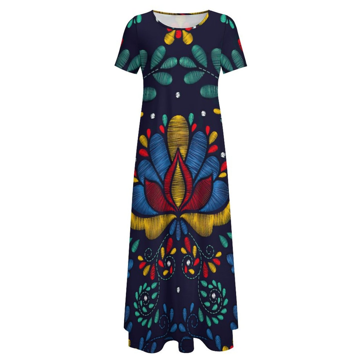 Mexican Traditional Embroidery Women Casual Short Sleeve Loose Plain Maxi Dresses Summer Boho Beach Long Maxi Tunic Dresses