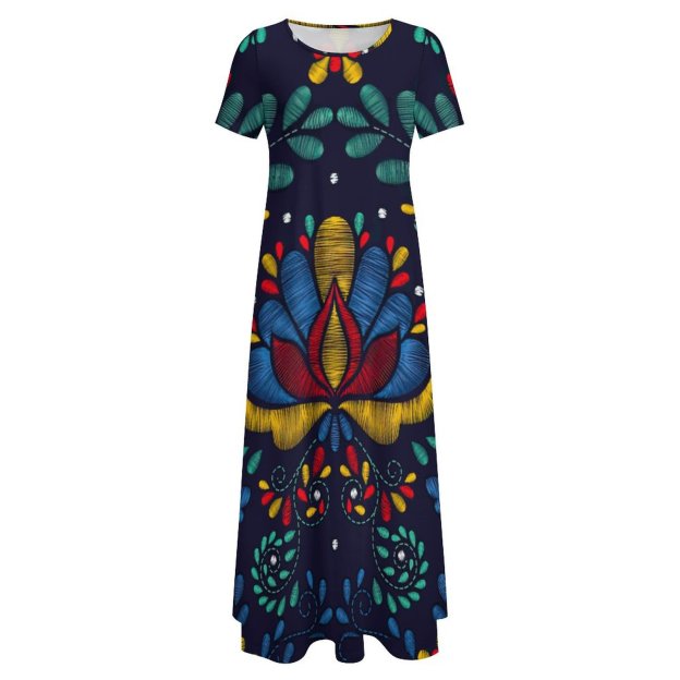 Mexican Traditional Embroidery Women Casual Short Sleeve Loose Plain Maxi Dresses Summer Boho Beach Long Maxi Tunic Dresses