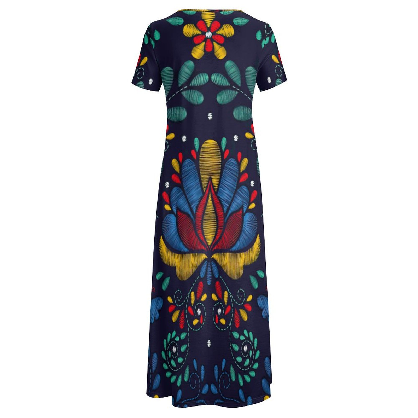 Mexican Traditional Embroidery Women Casual Short Sleeve Loose Plain Maxi Dresses Summer Boho Beach Long Maxi Tunic Dresses