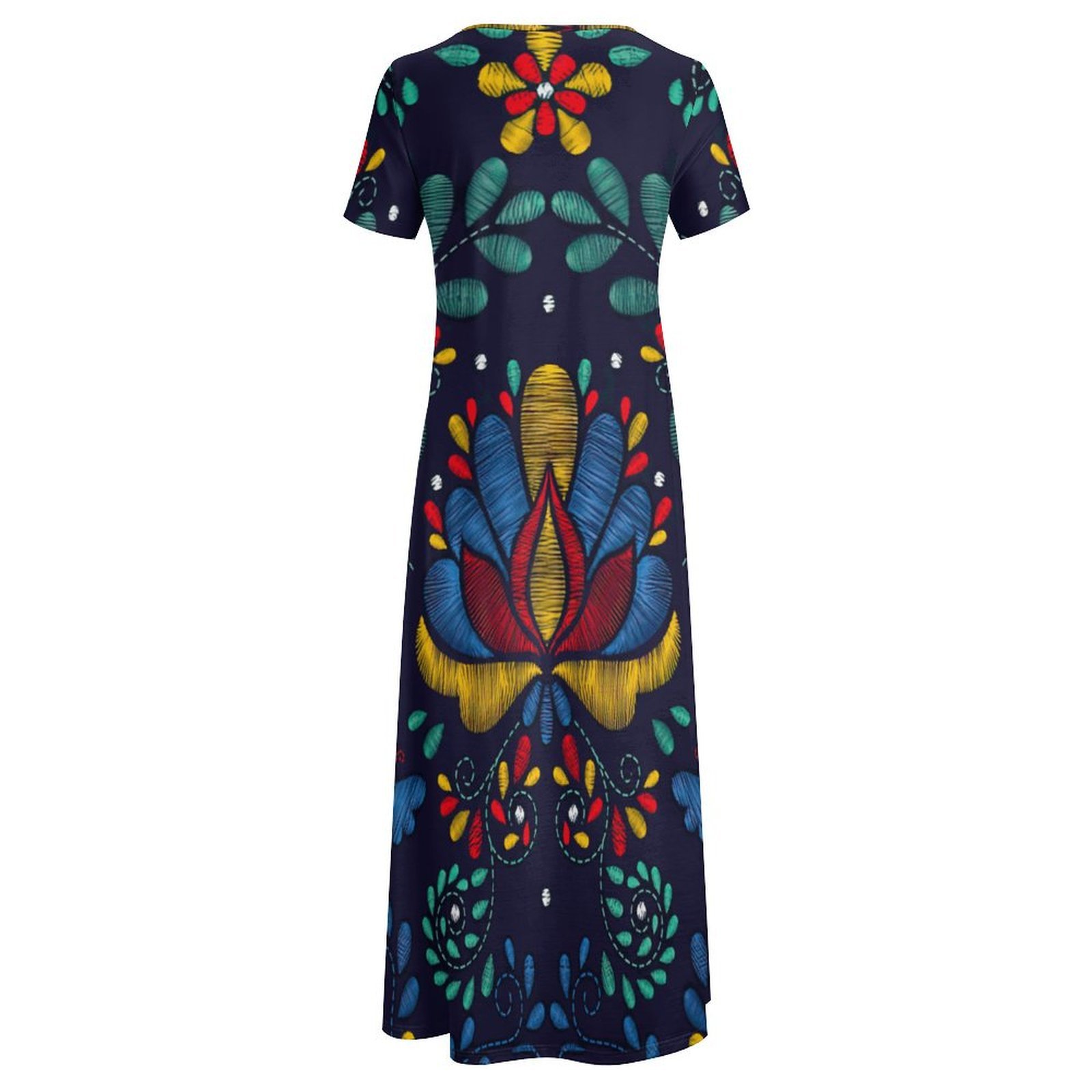 Mexican Traditional Embroidery Women Casual Short Sleeve Loose Plain Maxi Dresses Summer Boho Beach Long Maxi Tunic Dresses