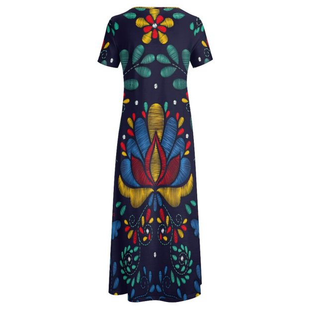 Mexican Traditional Embroidery Women Casual Short Sleeve Loose Plain Maxi Dresses Summer Boho Beach Long Maxi Tunic Dresses