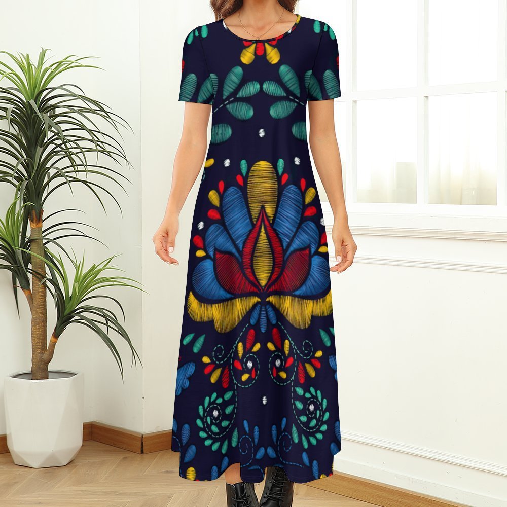 Mexican Traditional Embroidery Women Casual Short Sleeve Loose Plain Maxi Dresses Summer Boho Beach Long Maxi Tunic Dresses
