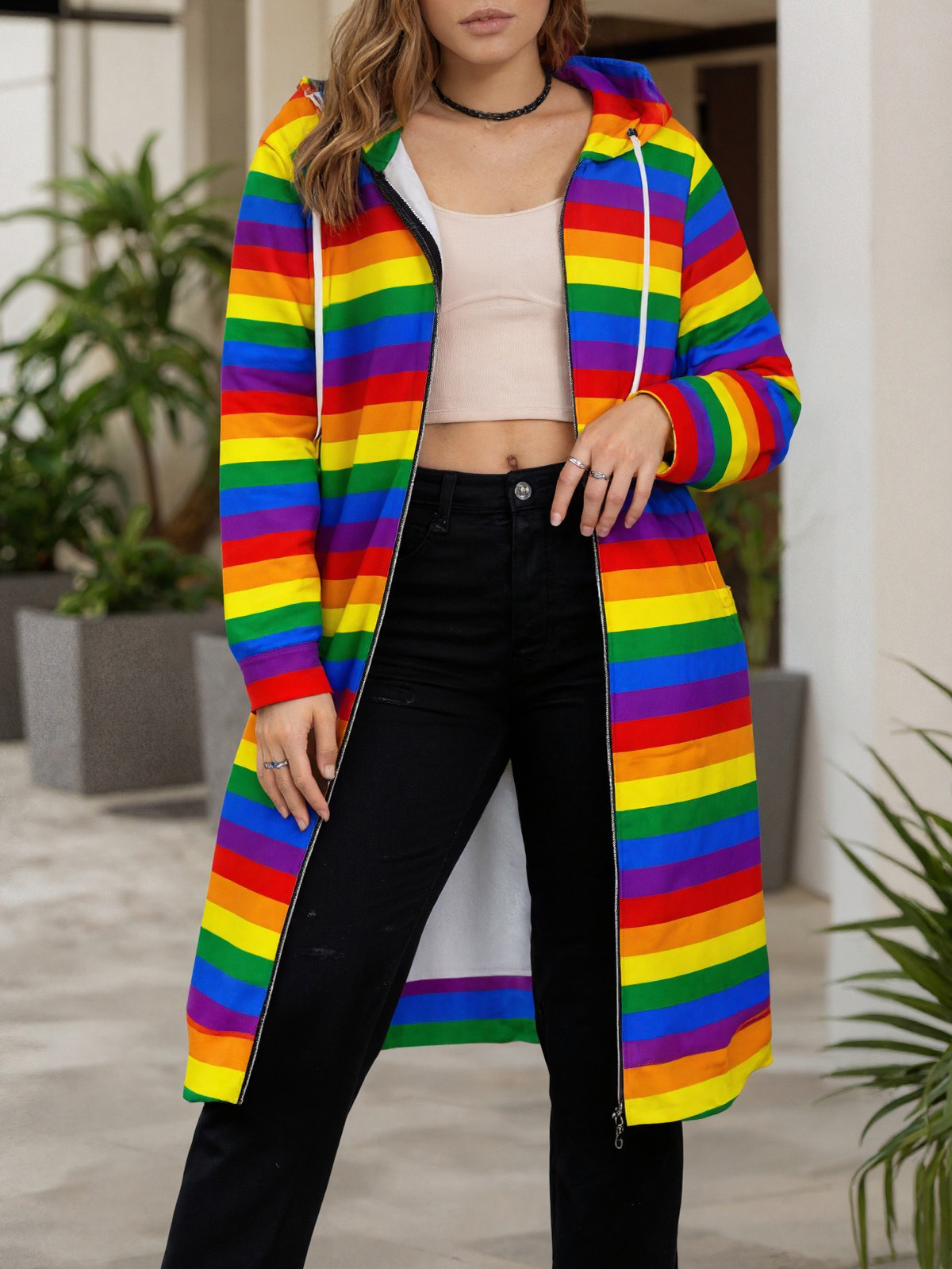 Lgbt Gay Pride Rainbow Flag Colors Stripes Zip Up Long Hoodie Jacket Women Tunic Sweatshirt Plus Size Open Front Cardigan Outfits