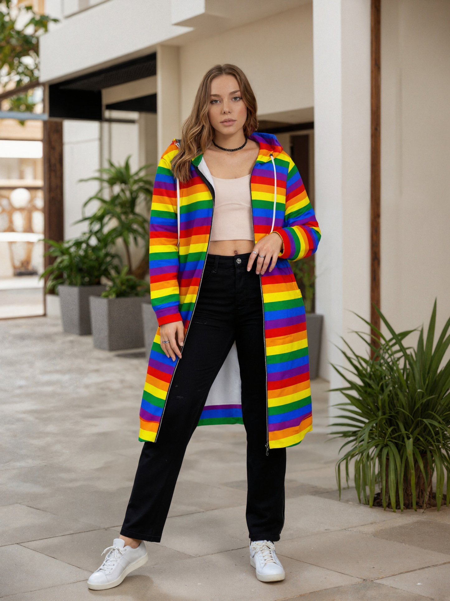 Lgbt Gay Pride Rainbow Flag Colors Stripes Zip Up Long Hoodie Jacket Women Tunic Sweatshirt Plus Size Open Front Cardigan Outfits