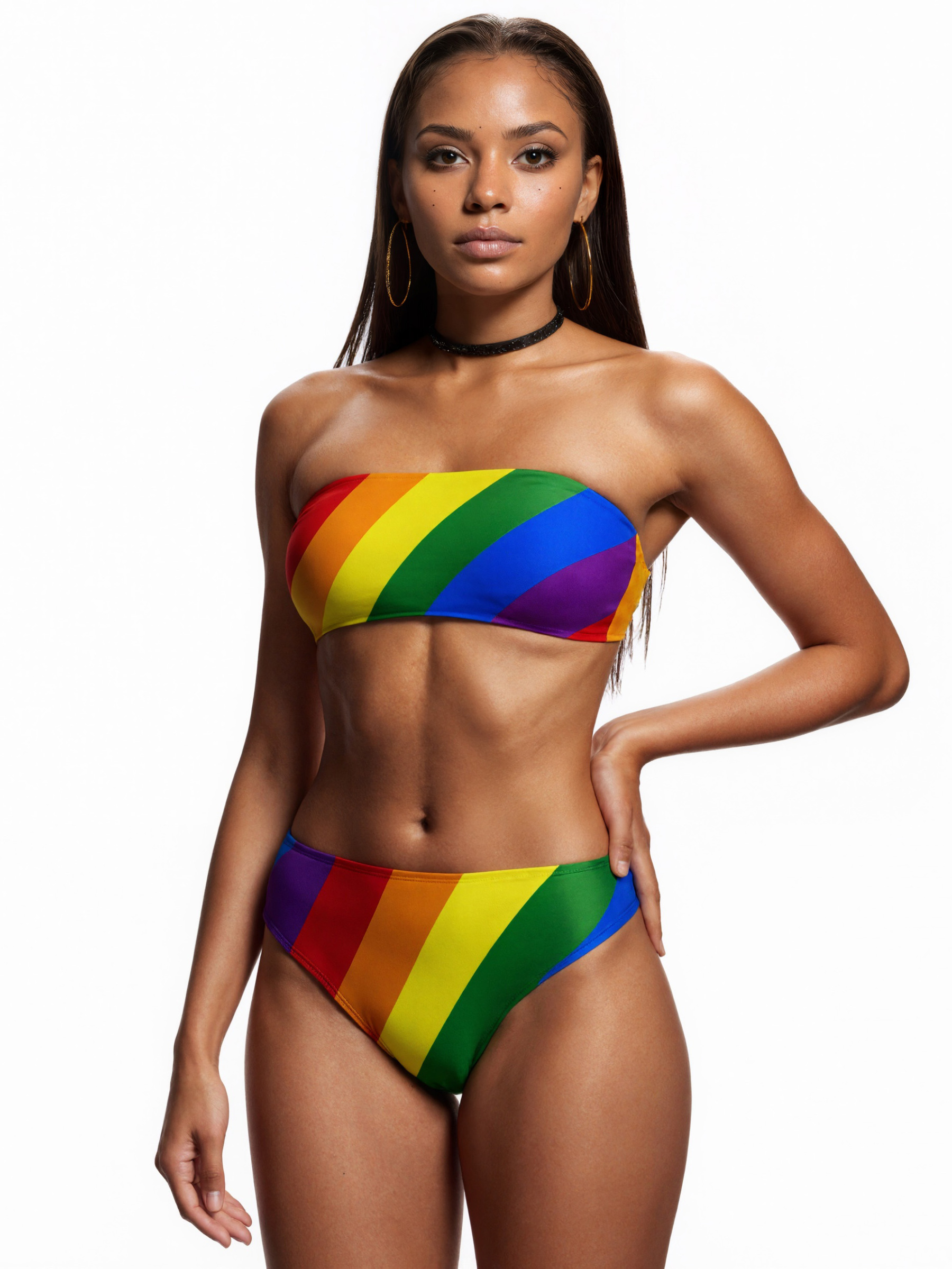 Lgbt Pride Diagonal Rainbow Stripe Women Reversible Bandeau Top Two Piece Bikini Set Summer Swimwear