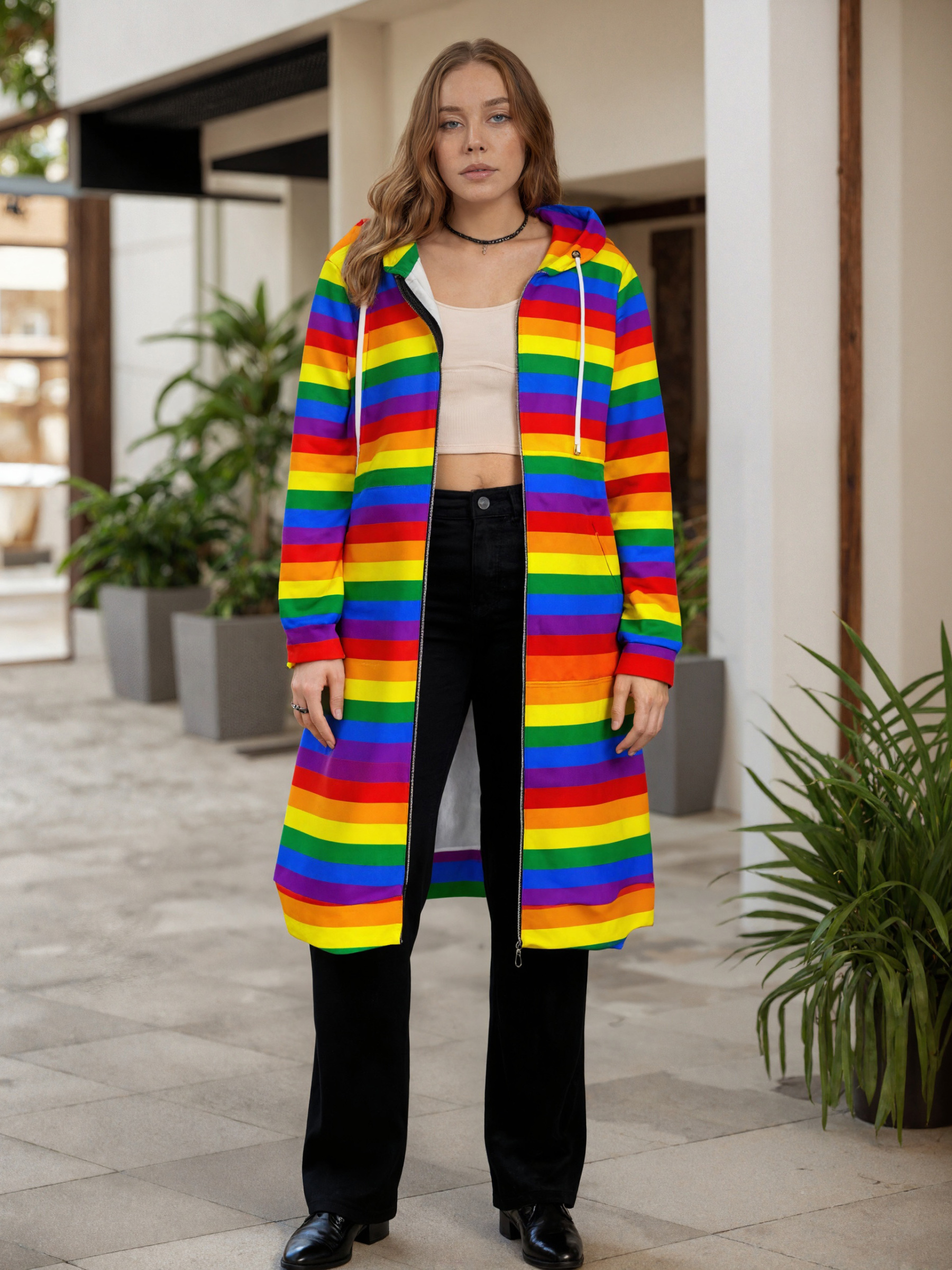 Lgbt Gay Pride Rainbow Flag Colors Stripes Zip Up Long Hoodie Jacket Women Tunic Sweatshirt Plus Size Open Front Cardigan Outfits