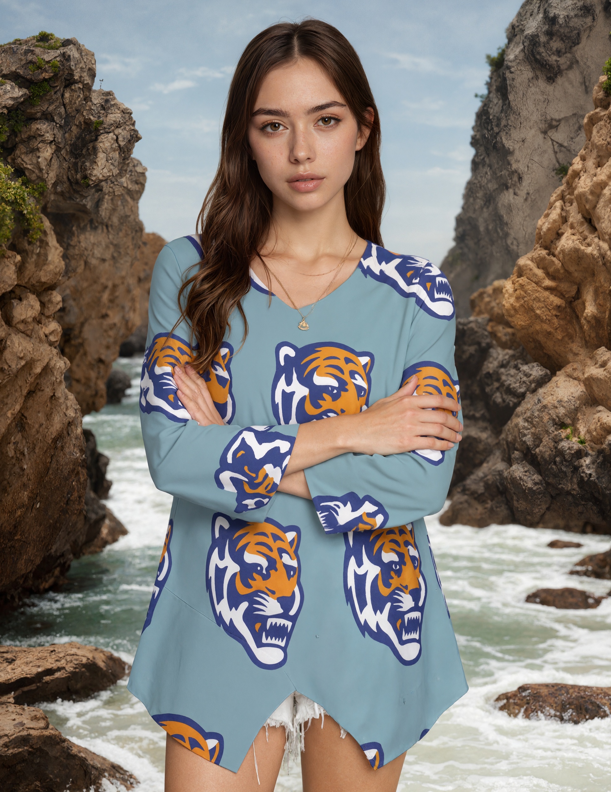 Funny Vintage Memphis Tigers Hippie Sunscreen 3/4 Sleeve V Neck Chiffon Shirt Blouse Women Loose Flowy Work Top