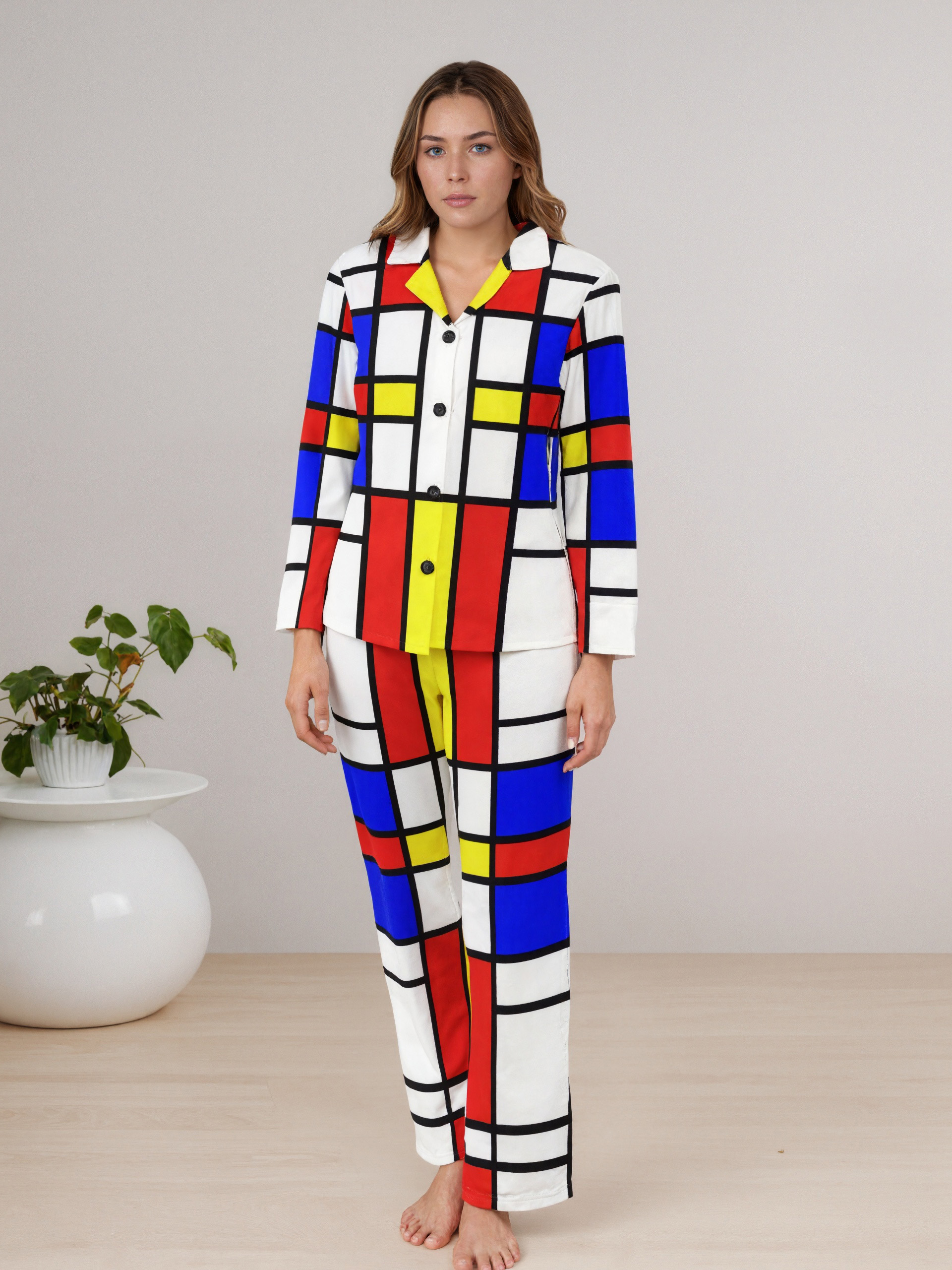 Initials Piet Mondrian Style Modern Art Women Long Sleeve Two Piece Sleepwear Loose Button Down Loungewear Pjs Set Nightwear