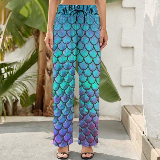 S-2XL Mermaid Fish Scale Women's High Waist Wide Leg Long Palazzo Lounge Pants-Charlylifestyle