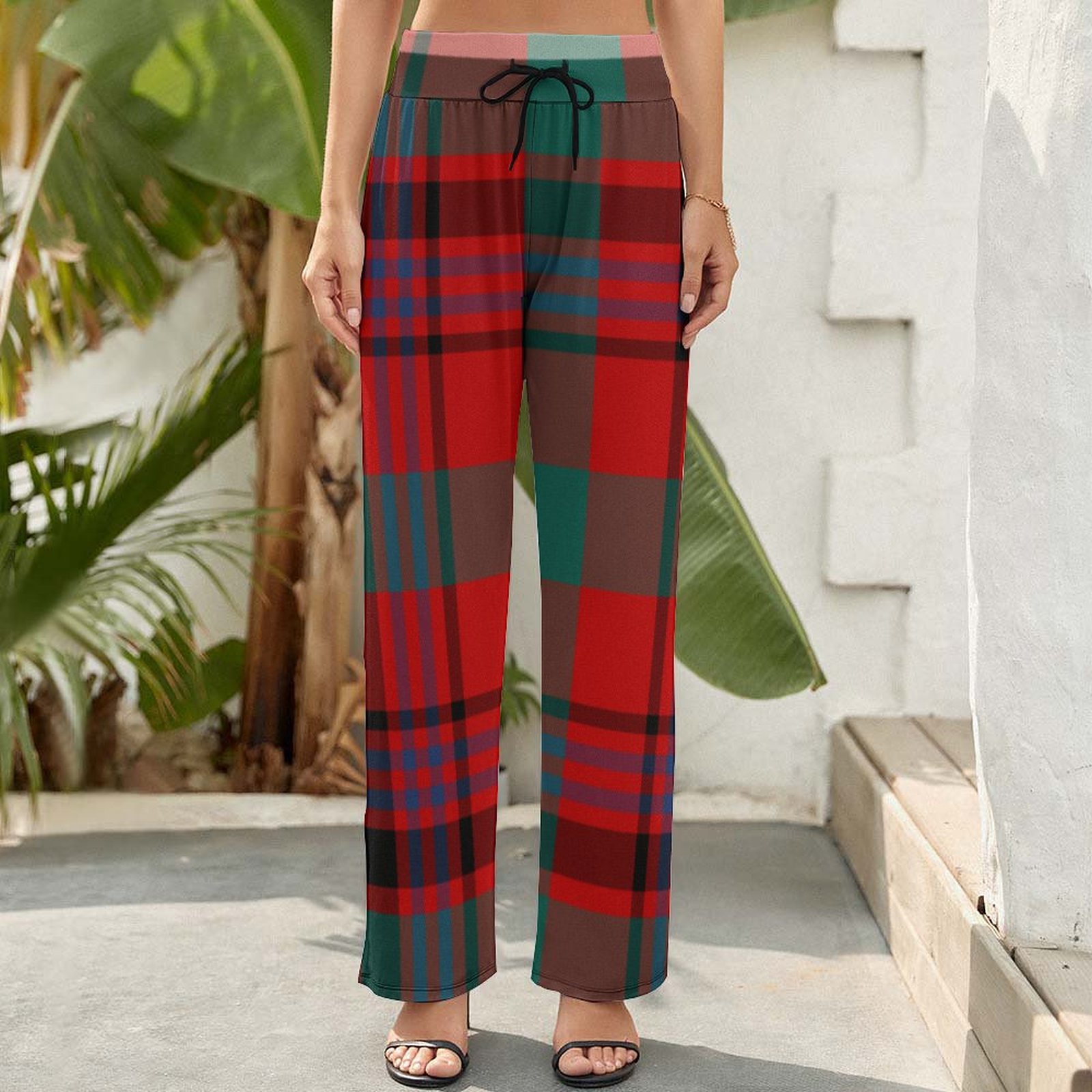 Maguire Tartan Red And Green Plaid Printed Women's High Waist Wide Leg Long Palazzo Lounge Pants-Charlylifestyle