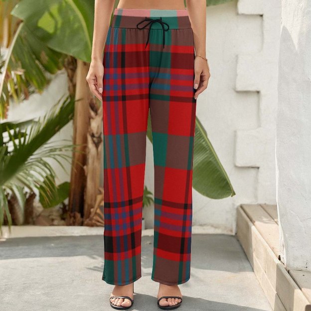 Maguire Tartan Red And Green Plaid Printed Women's High Waist Wide Leg Long Palazzo Lounge Pants-Charlylifestyle