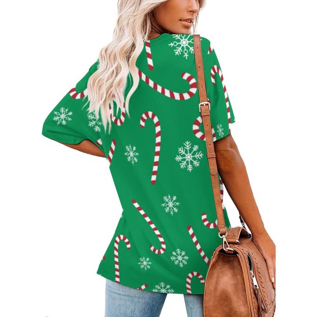 Modern Christmas Holiday Candy Cane Snow Women T Shirts Basic V-Neck Tee Loose Vintage Fitting Oversize Short Sleeve Tops-Charlylifestyle