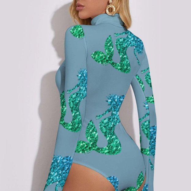 Mermaid Blue Green Ombre Sparkles Women Mock Turtle Neck Long Sleeve Tops Bodysuit Slim Fit Body Suit Basic T Shirts Jumpsuit
