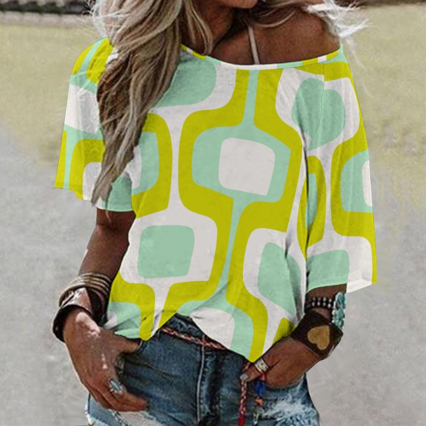 Mint And Chartreuse Mid Century Modern 3/4 Bell Sleeve T-Shirt Elbow Length Basic Tunics Tops for Women-Charlylifestyle