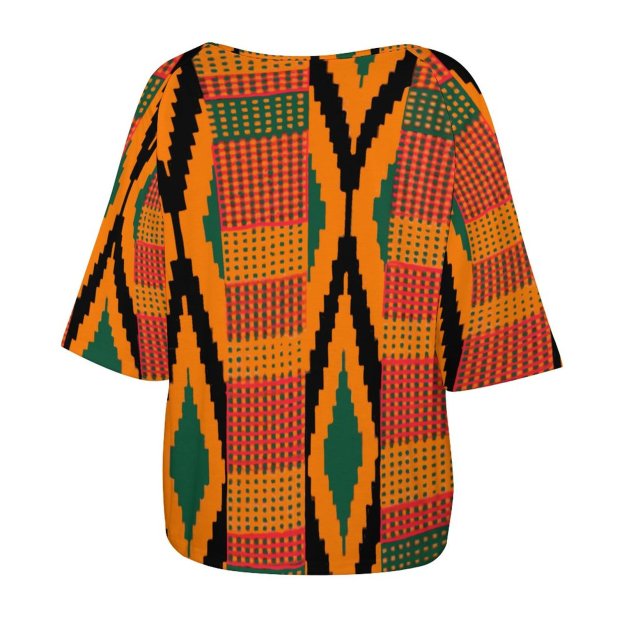 S-5XL Funny Vintage Kente 3/4 Bell Sleeve T-Shirt Elbow Length Basic Tunics Tops for Women-Charlylifestyle