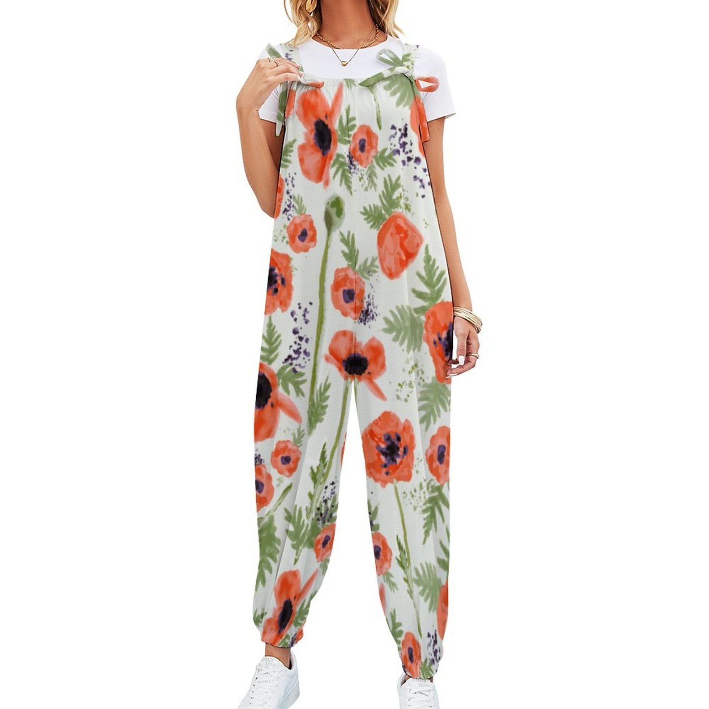 Women Orange Red Poppy Flowers Watercolor Print Loose Fit Baggy Harem Overall Jumpsuit Tie Spaghetti Strap Long Pants Rompers