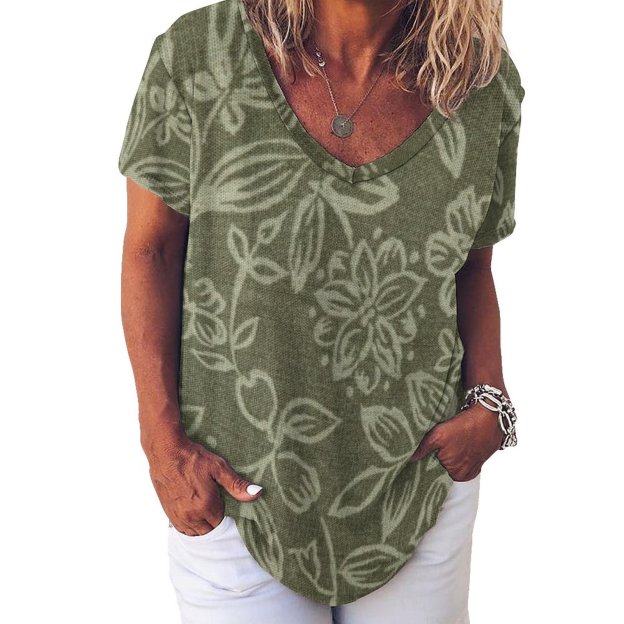 Olive Green Fabric With Foral Womens Summer Casual T Shirts Boho Full Print Short Sleeve Loose Hippie Tunic Tops-Charlylifestyle
